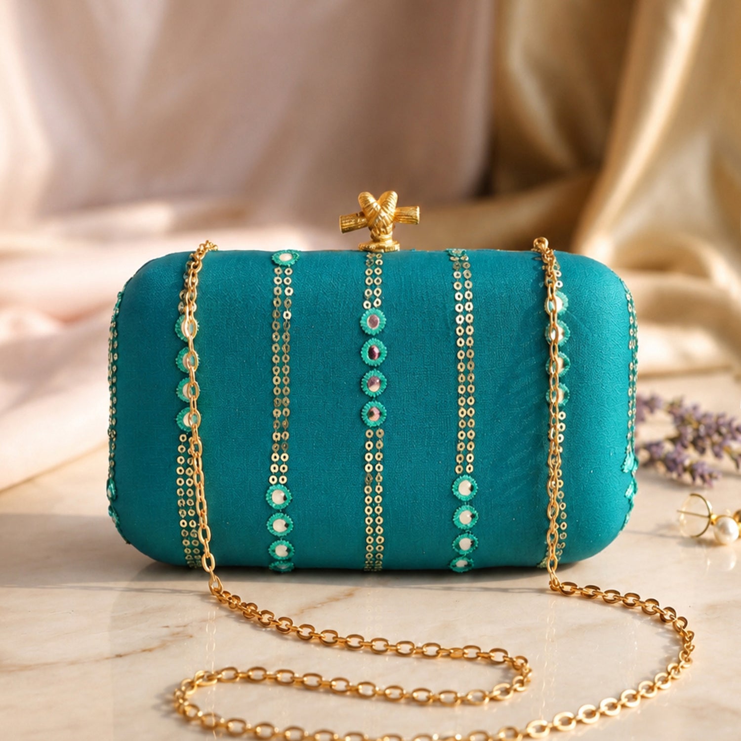 Artklim Elegant Teal Green Embellished Embroidered Clutch Bag
