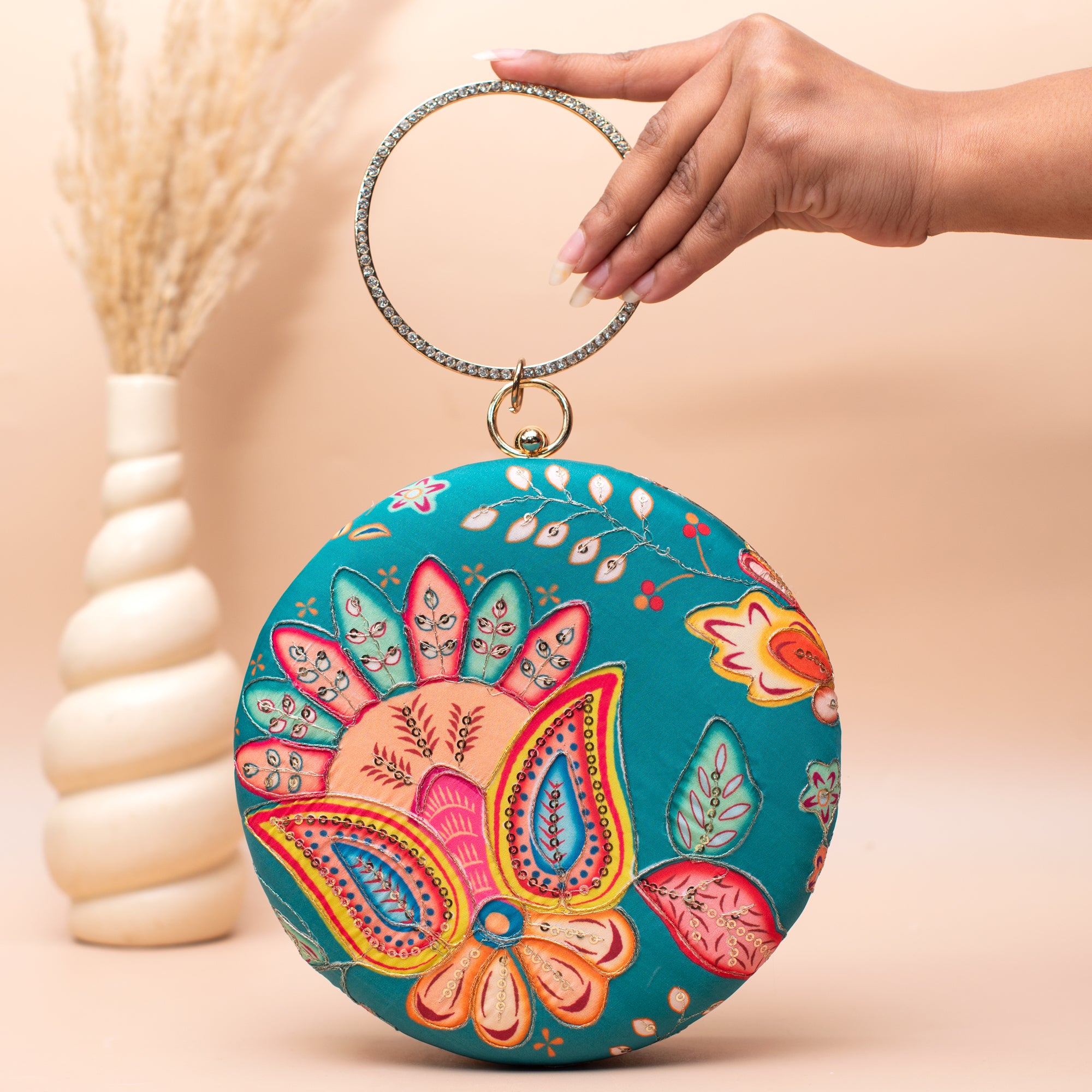 Artklim Aqua Bloom Artistry Embroidered Clutch