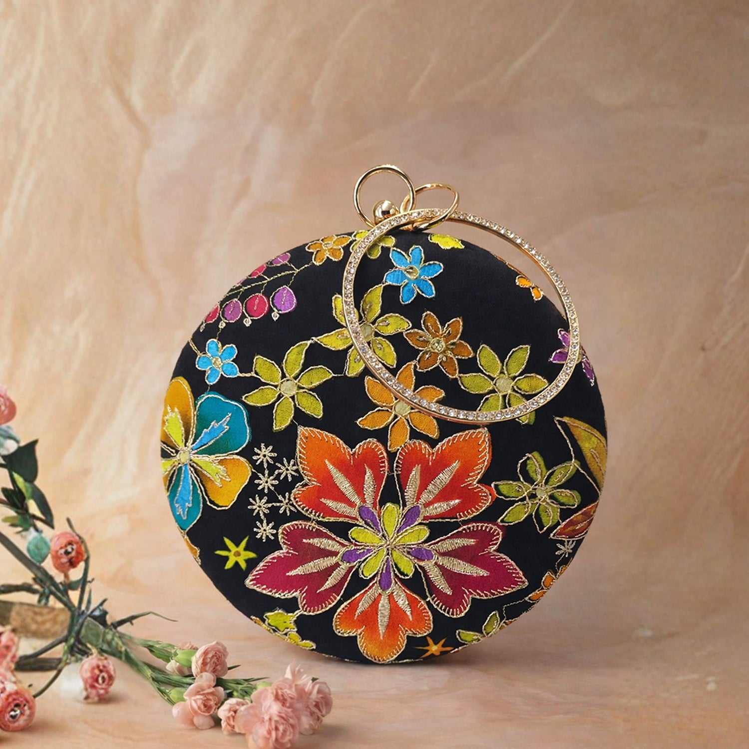 Artklim Royal Black Floral Round Embroidered Clutch