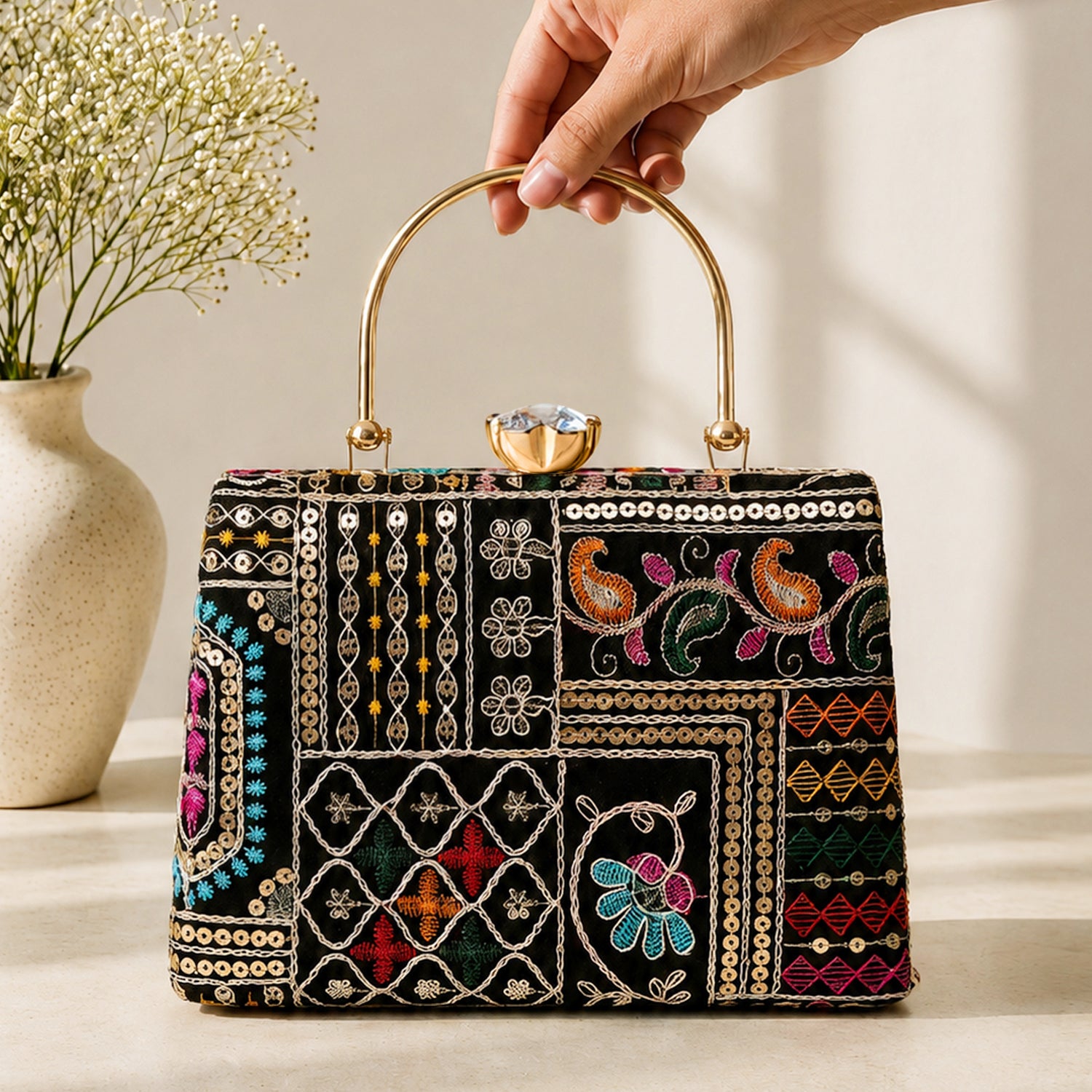 Artklim Black Multicolor Patchwork Designer Embroidery Clutch