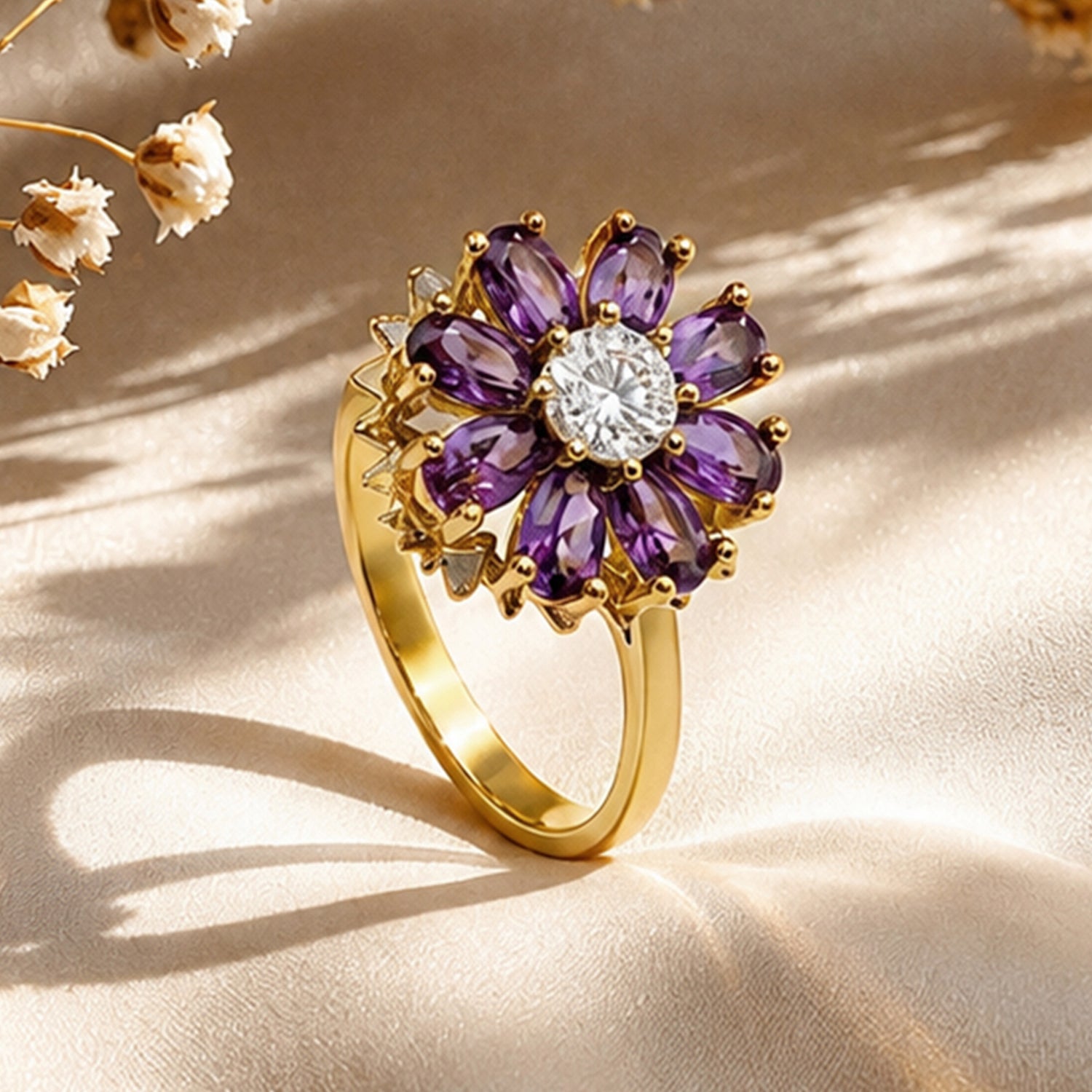 Artklim Gold Violet Petal Revolving Flower Crystal Adjustable Anti-Tarnish Copper Ring