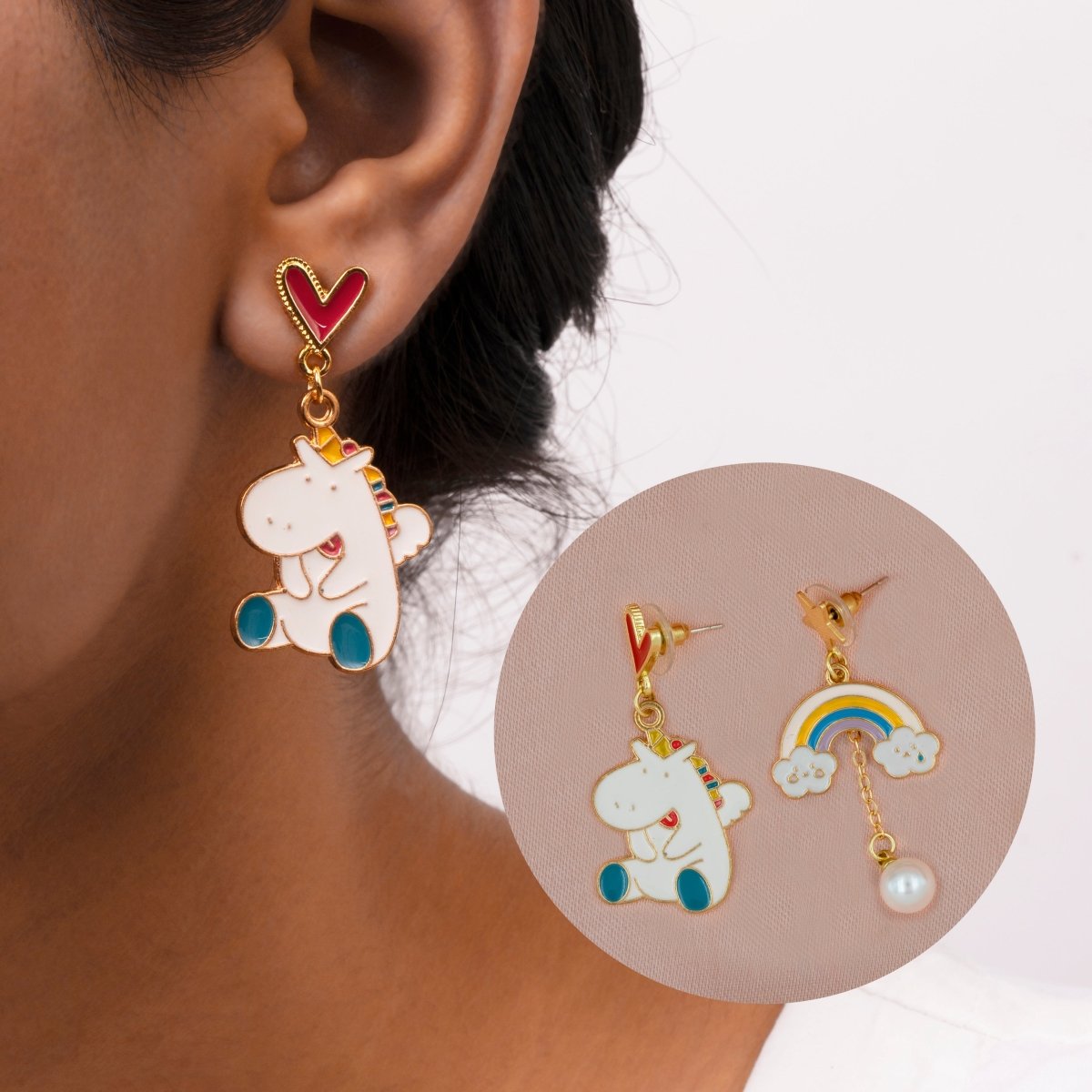 Artklim Unicorn And Rainbow Mismatched Drop Earrings