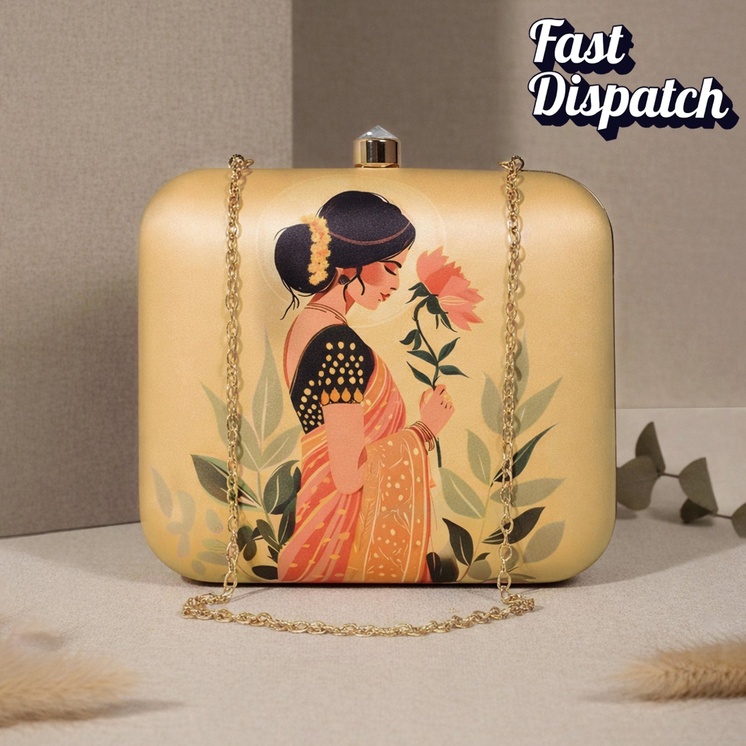 Artklim Beige Based Indian Woman In Saree Printed Clutch