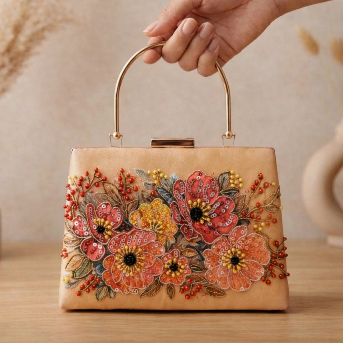 Artklim Printed Champagne Floral Beaded Clutch with Hand Embroidery
