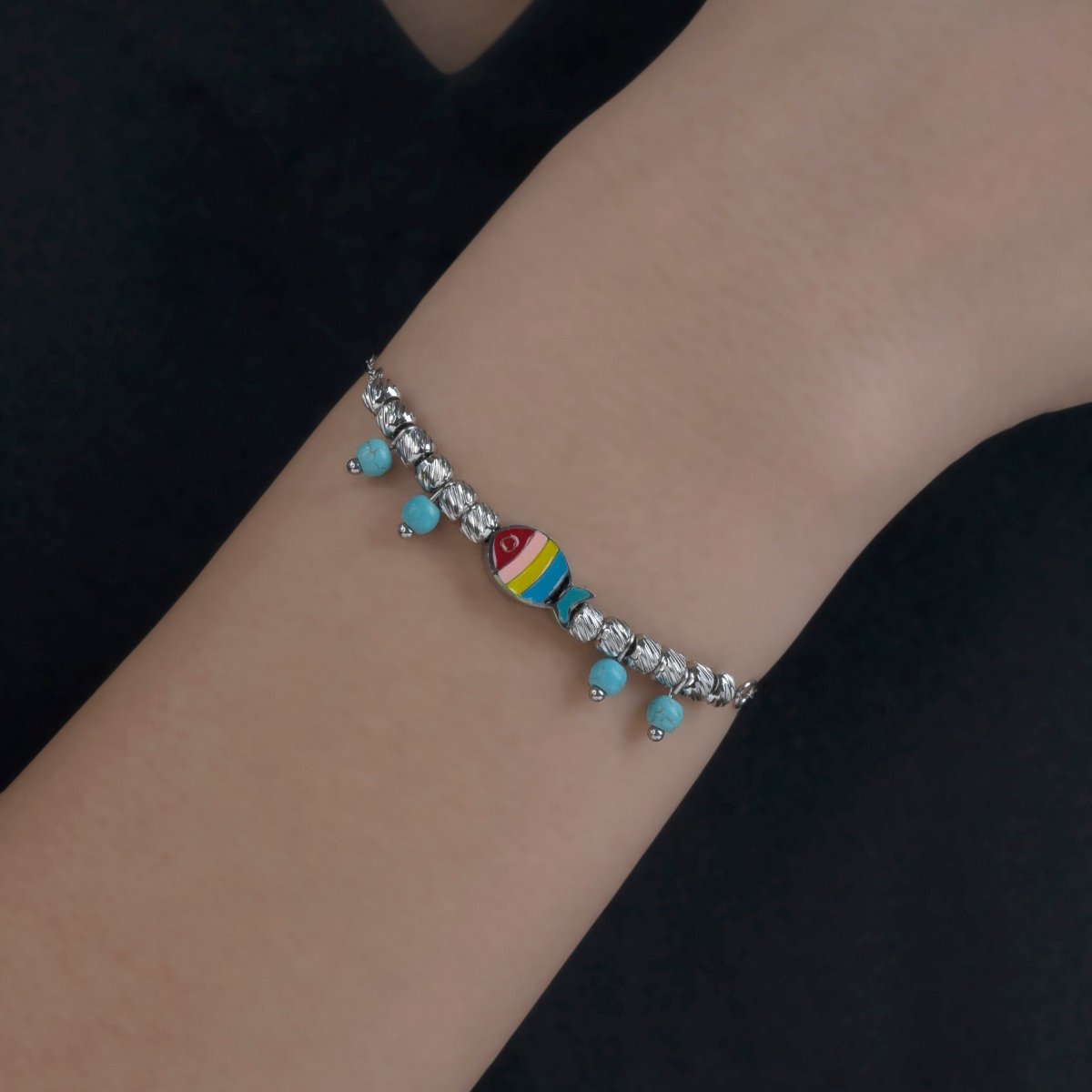 Artklim Silver Plated Multicolored Fish And Blue Beads Bracelet