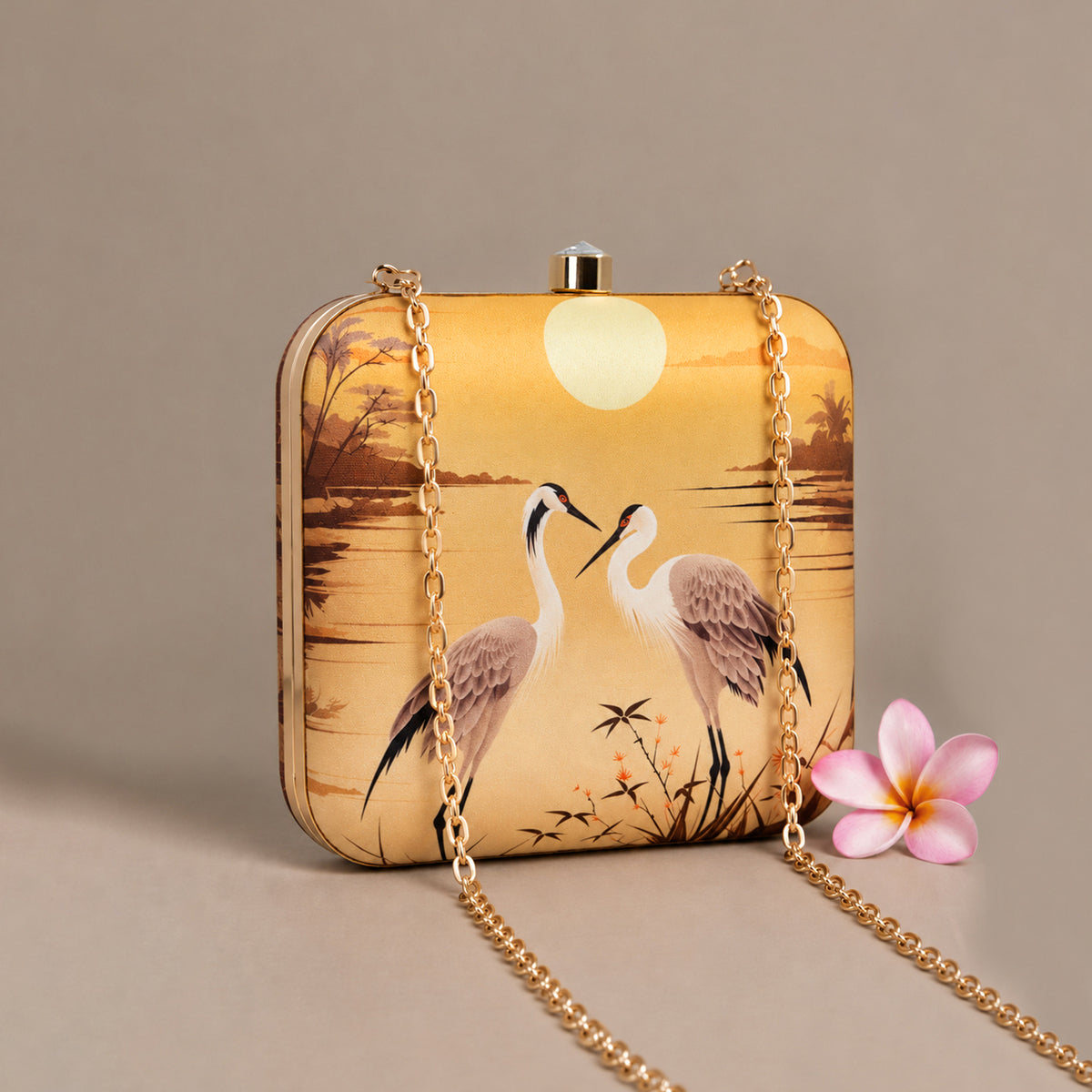 Artklim Elegant Swan Lake Sunset Printed Clutch