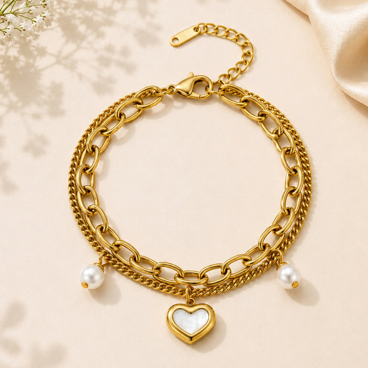 Artklim Pearl Heart Double Layer Charm Anti-Tarnish Bracelet