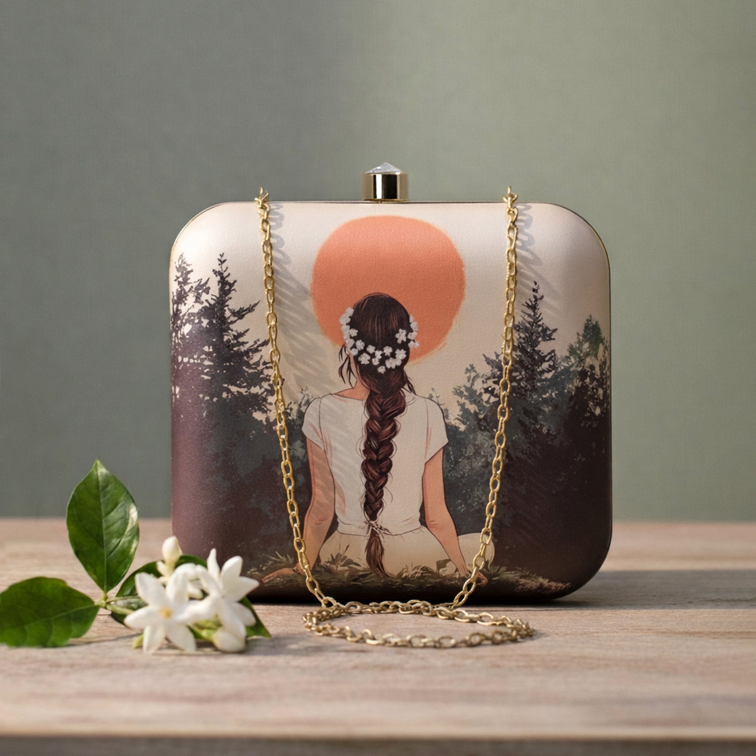 Artklim Beige Based Girl Portrait Printed Clutch
