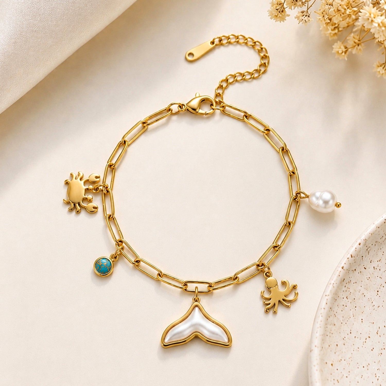 Artklim Ocean Charm Whale Tail Pearl Gold-Tone Anti-Tarnish Bracelet