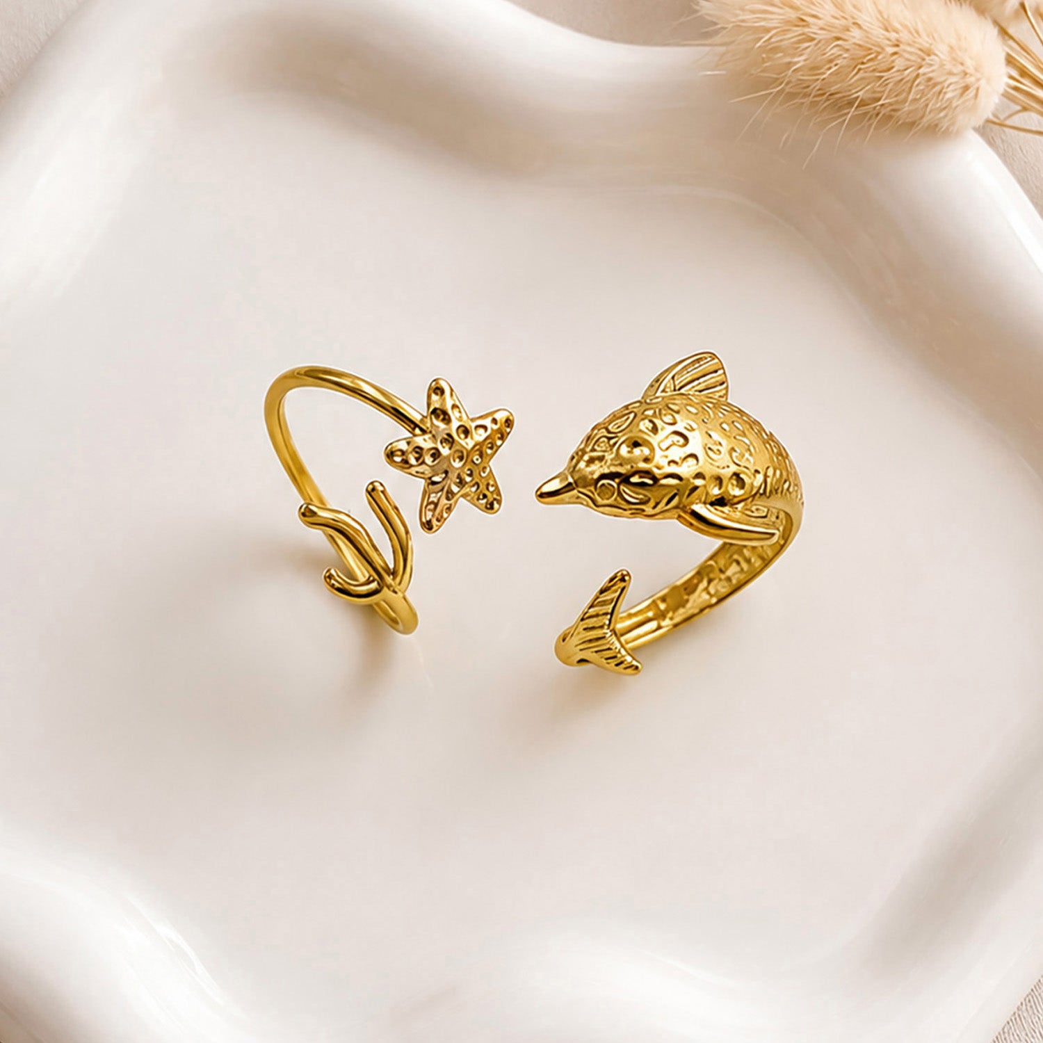 Artklim Starfish & Dolphin Ocean Pair Ring Set Adjustable Anti-Tarnish Ring