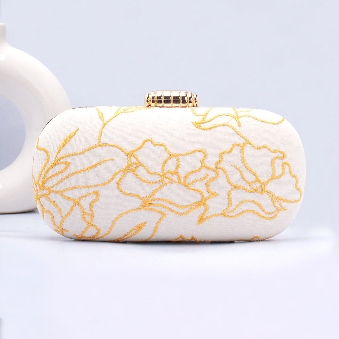 Artklim Off White Base Yellow Threadwork Embroidery Capsule Clutch