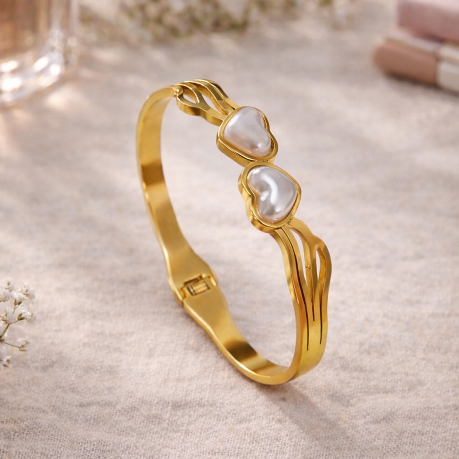 Artklim Gold Plated Elegant Open Cuff with Double Heart Anti-Tarnish Bangle Bracelet