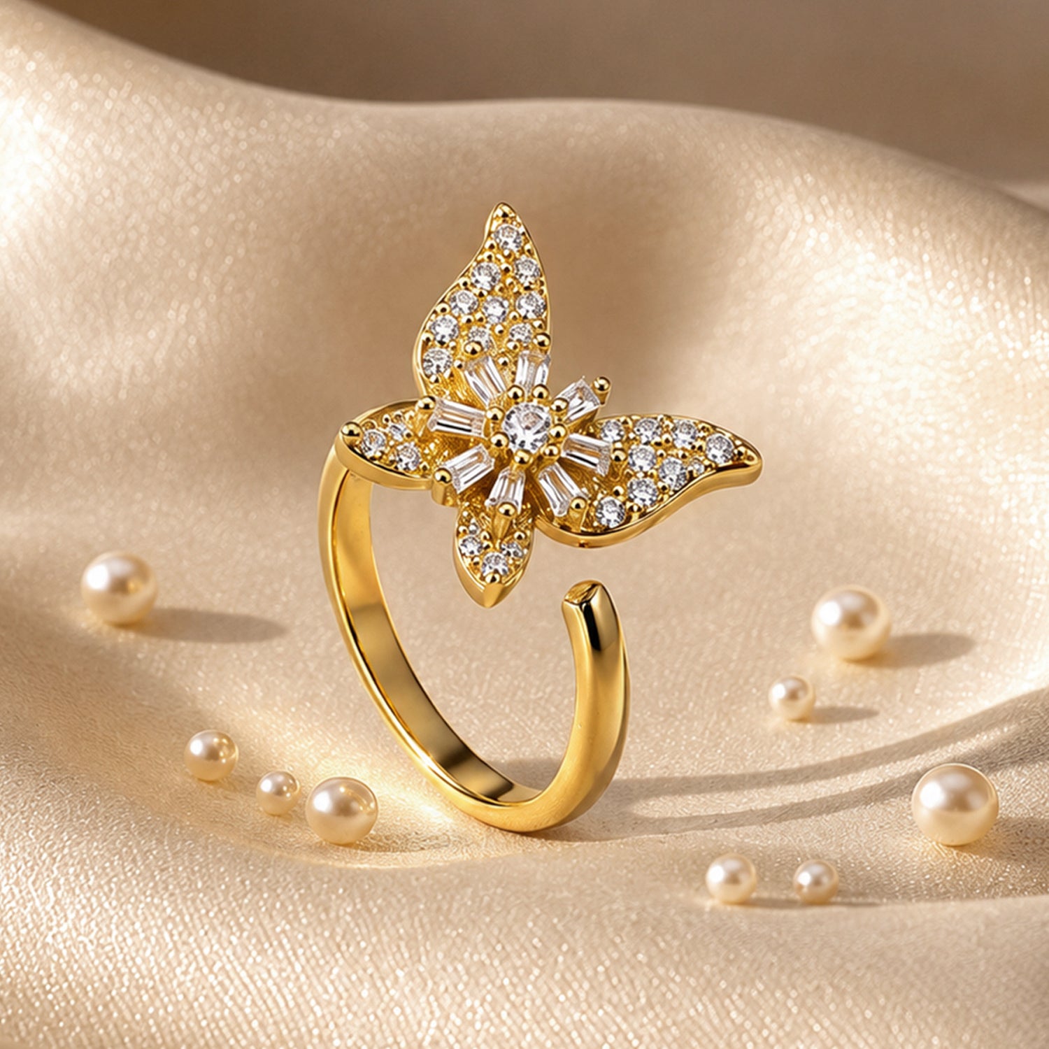 Artklim Gold Revolving Butterfly Sparkle Adjustable Anti-Tarnish Copper Ring
