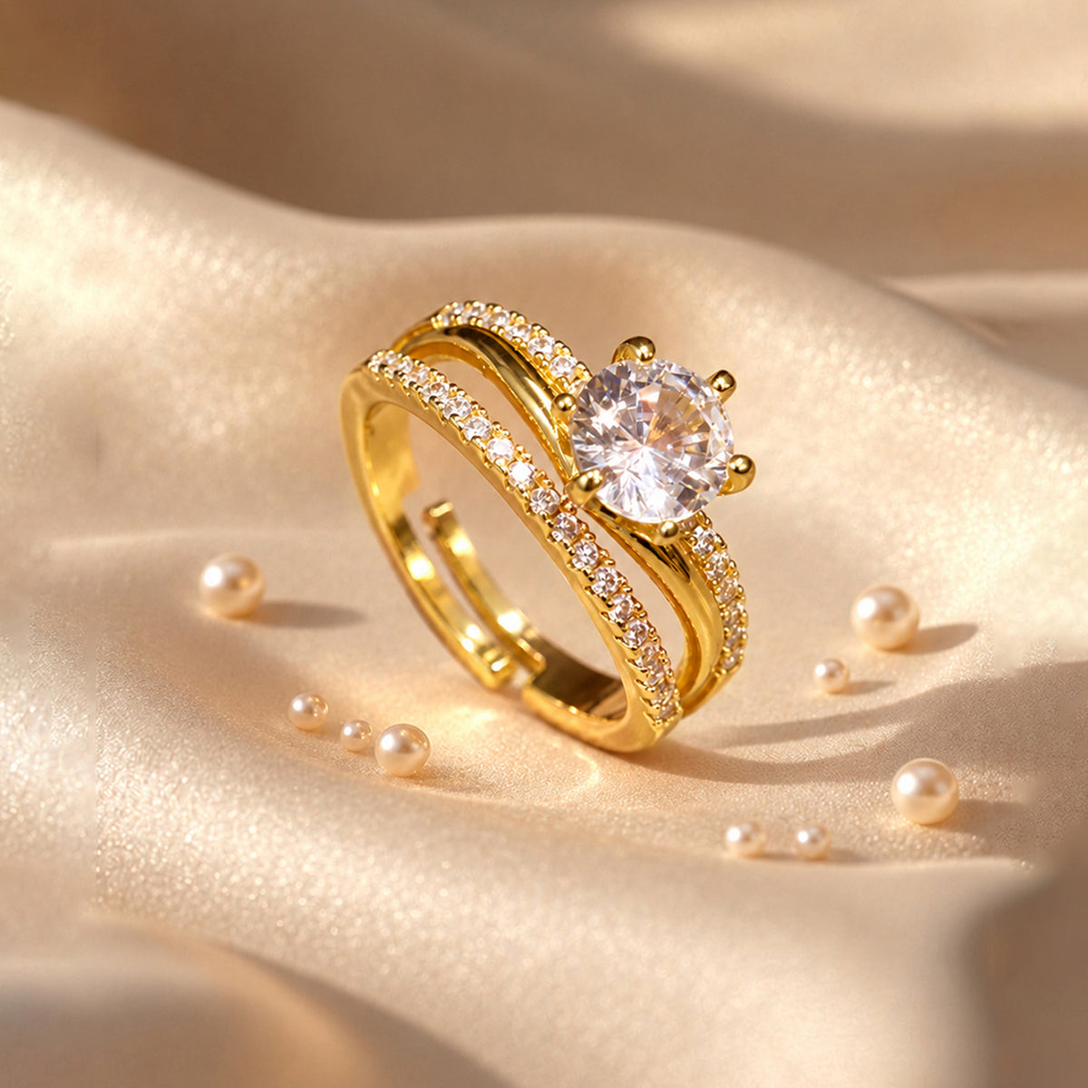 Artklim Chic Round-Cut Crystal Gold-Tone Anti-Tarnish Ring