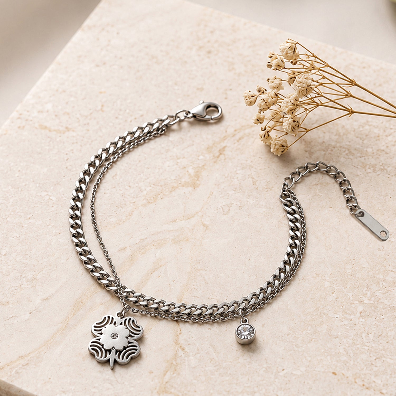 Artklim Silver Floral Charm Layered Chain Anti-Tarnish Bracelet