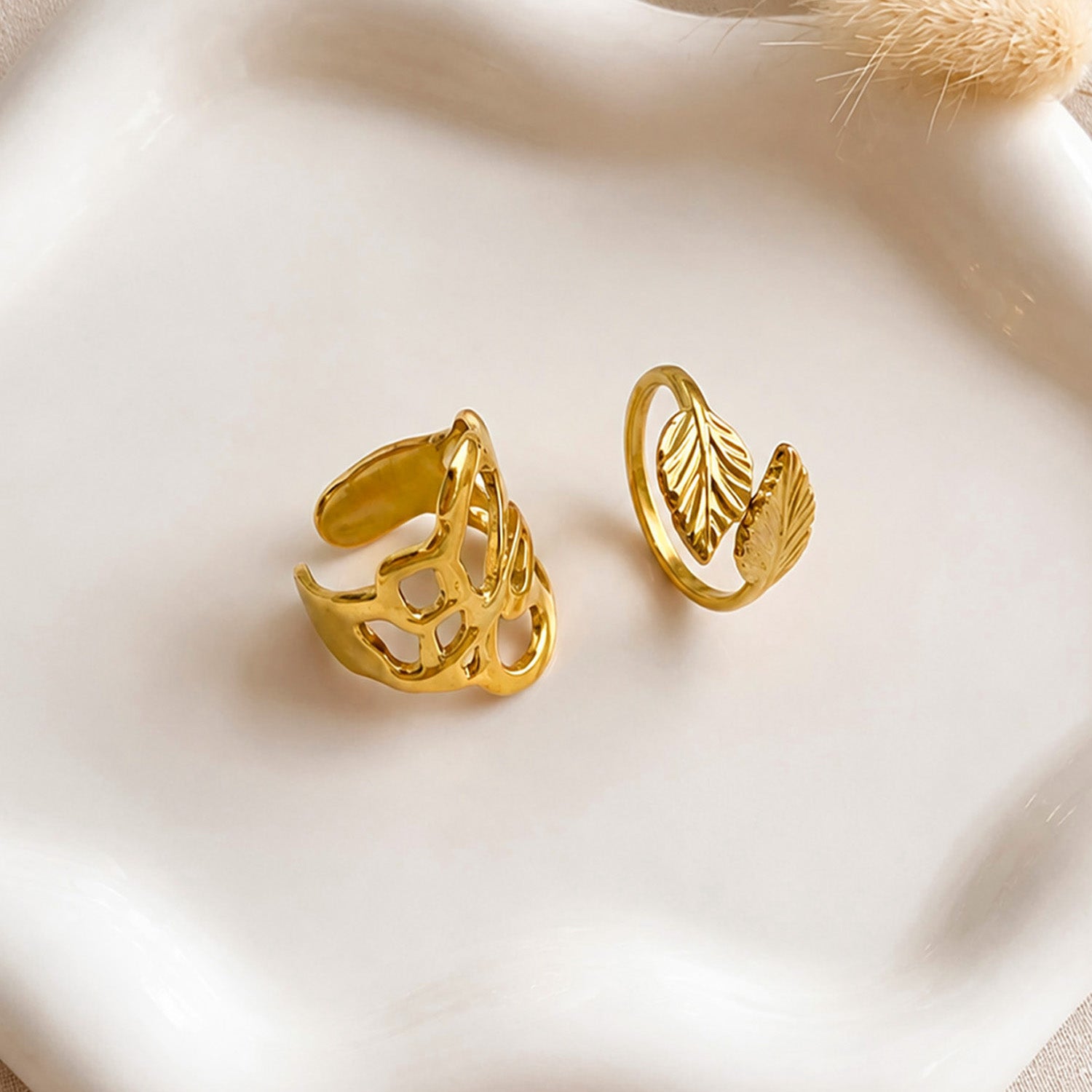 Artklim Nature Leaf Dual Adjustable Anti-Tarnish Ring Set