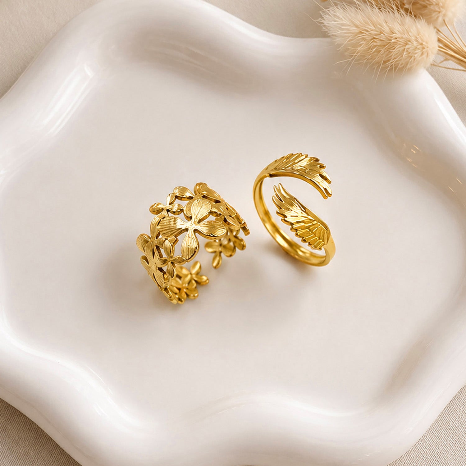 Artklim Floral Bloom & Wing Pair Ring Set Adjustable Anti-Tarnish Ring