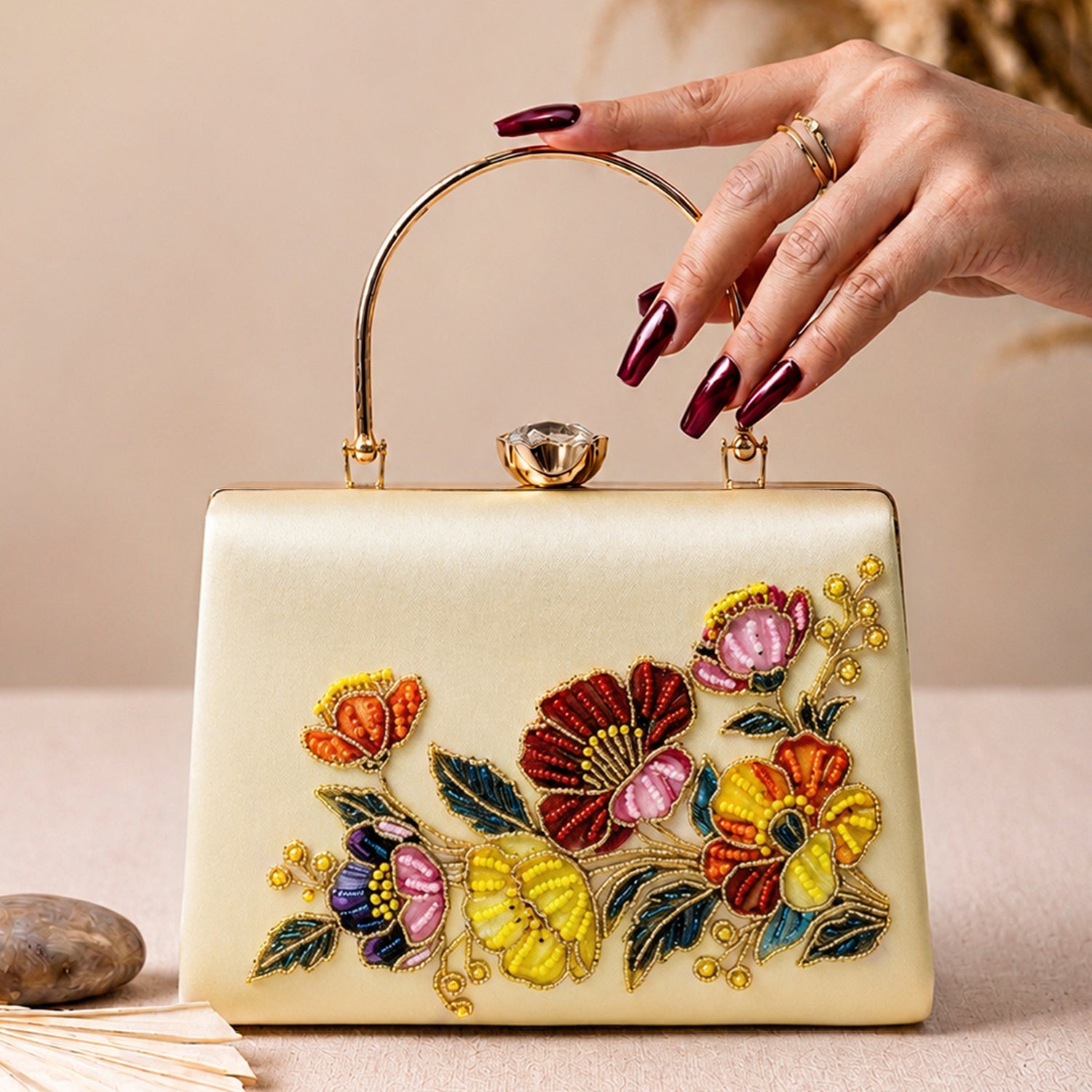 Artklim Floral Symphony Pearl Embroidered Clutch