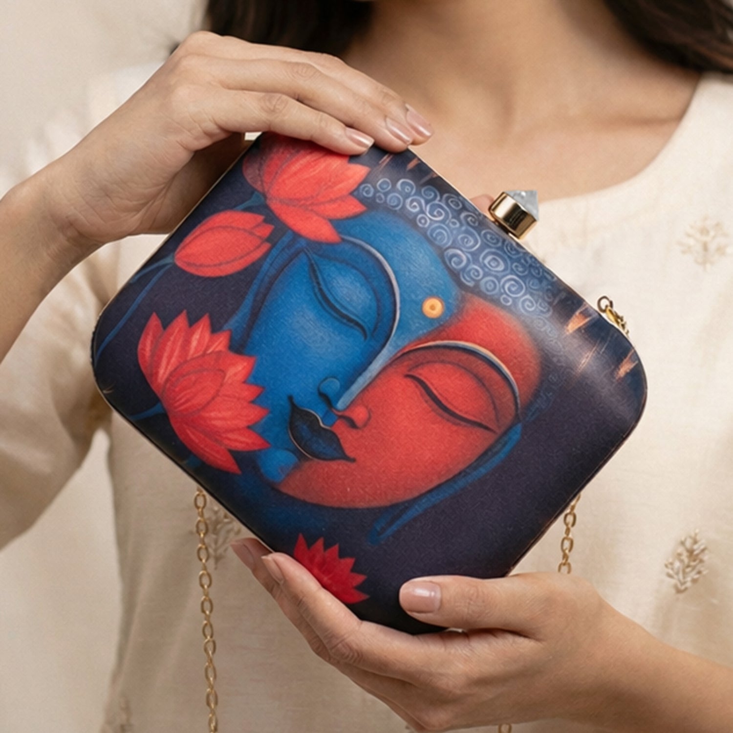 Artklim Black Based Buddha With Lotus Flower Printed Clutch