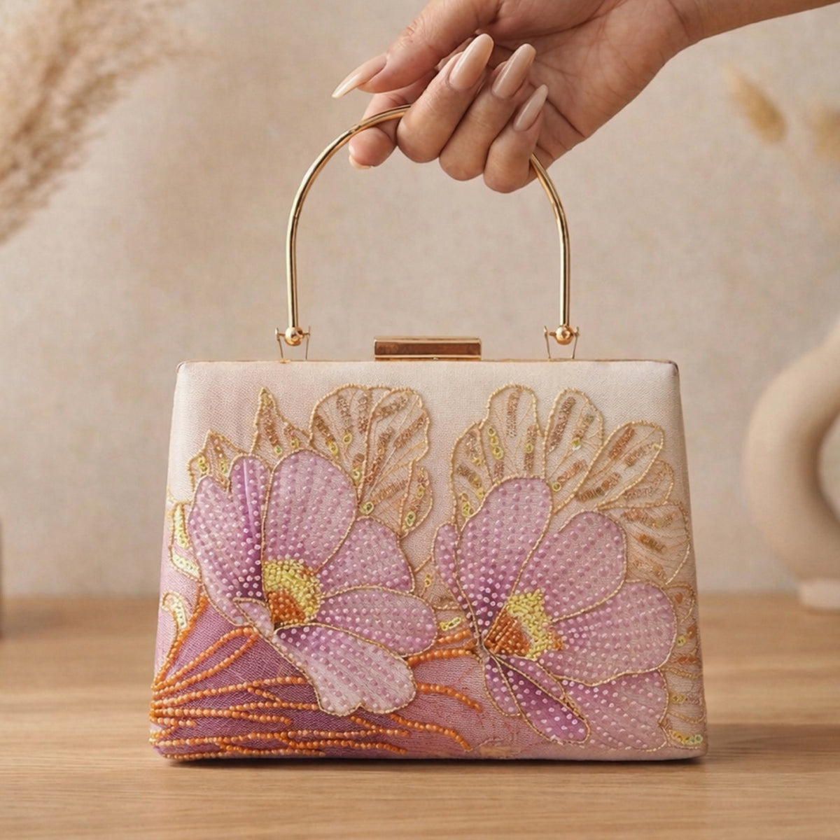 Artklim Printed Blush Pink Floral Beaded Clutch with Hand Embroidery
