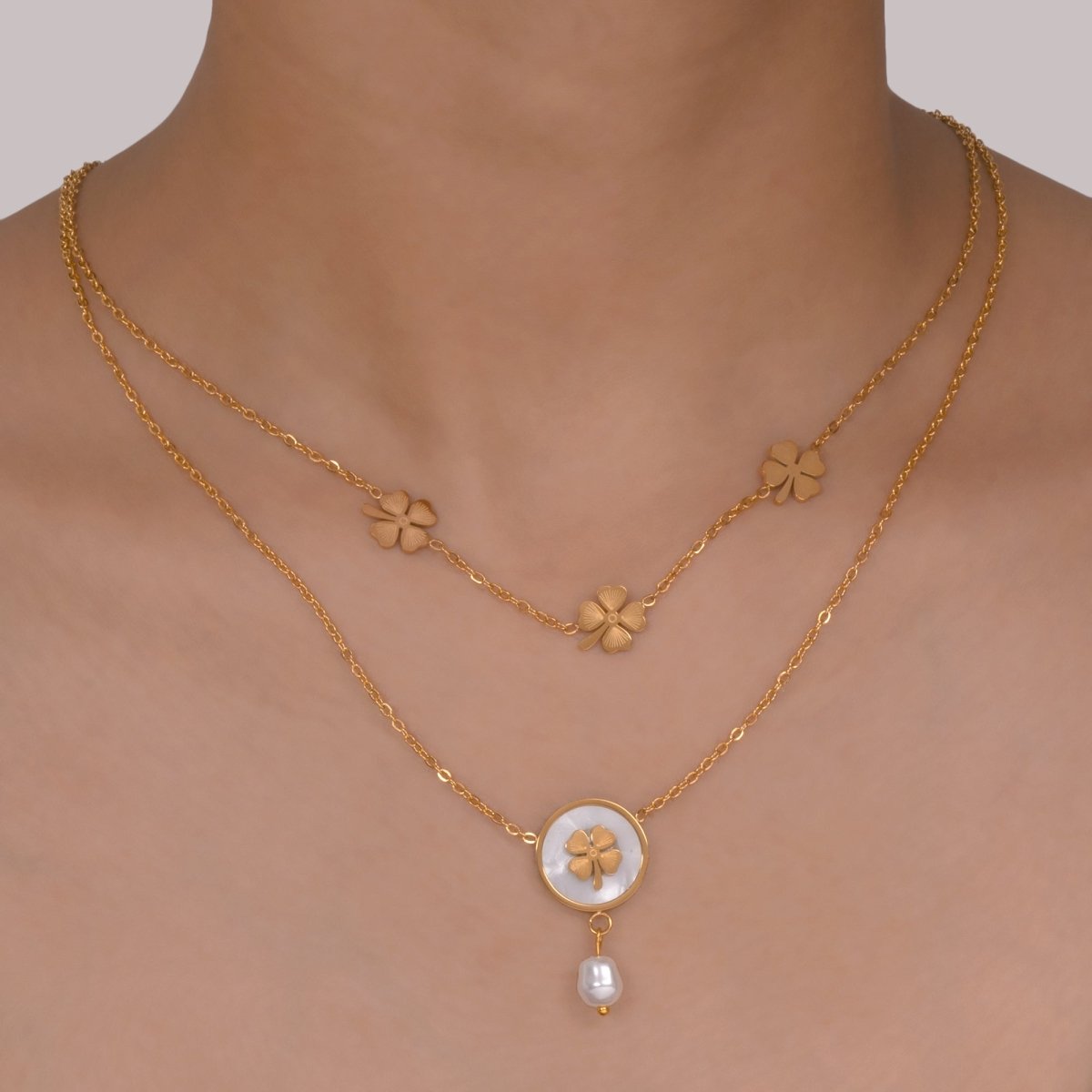 Artklim Gold Plated Floral Pendant Double Layered Necklace