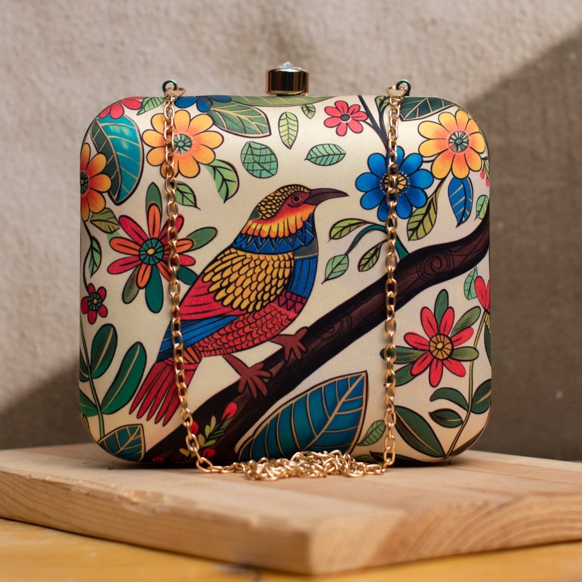 Beige Flower And Bird Printed Clutch