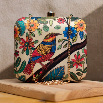 Beige Flower And Bird Printed Clutch