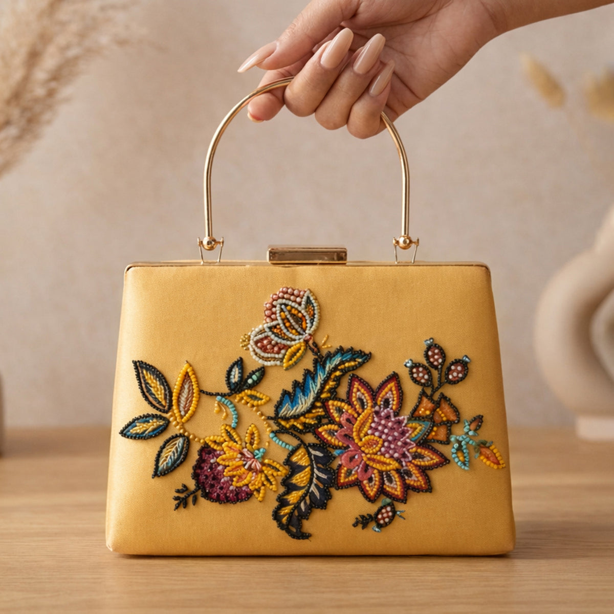 Artklim Printed Yellow Multicolor Floral Clutch with Hand Embroidery