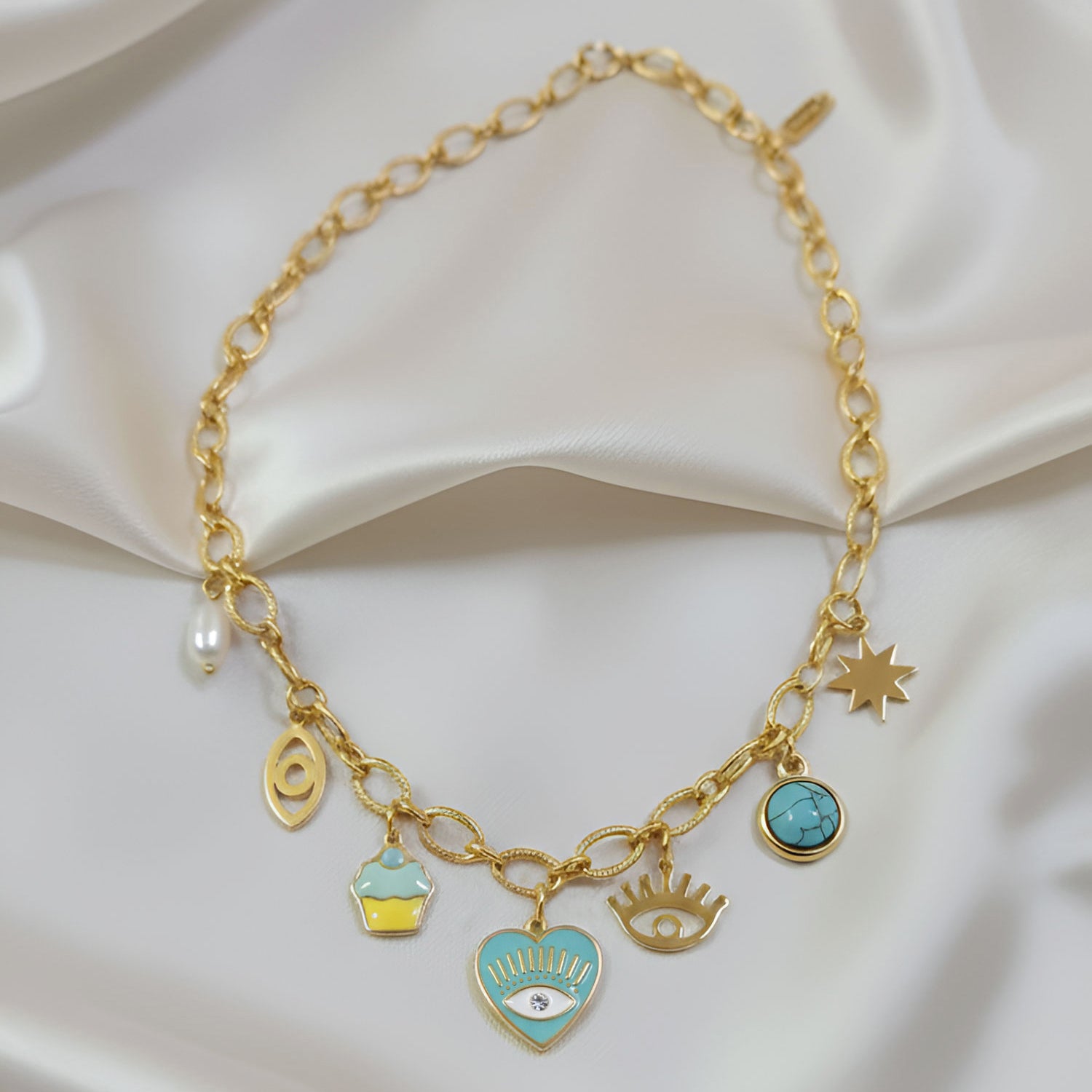 Artklim Gold-Plated Turquoise & Pearl Charm Anti-Tarnish Pendant Necklace