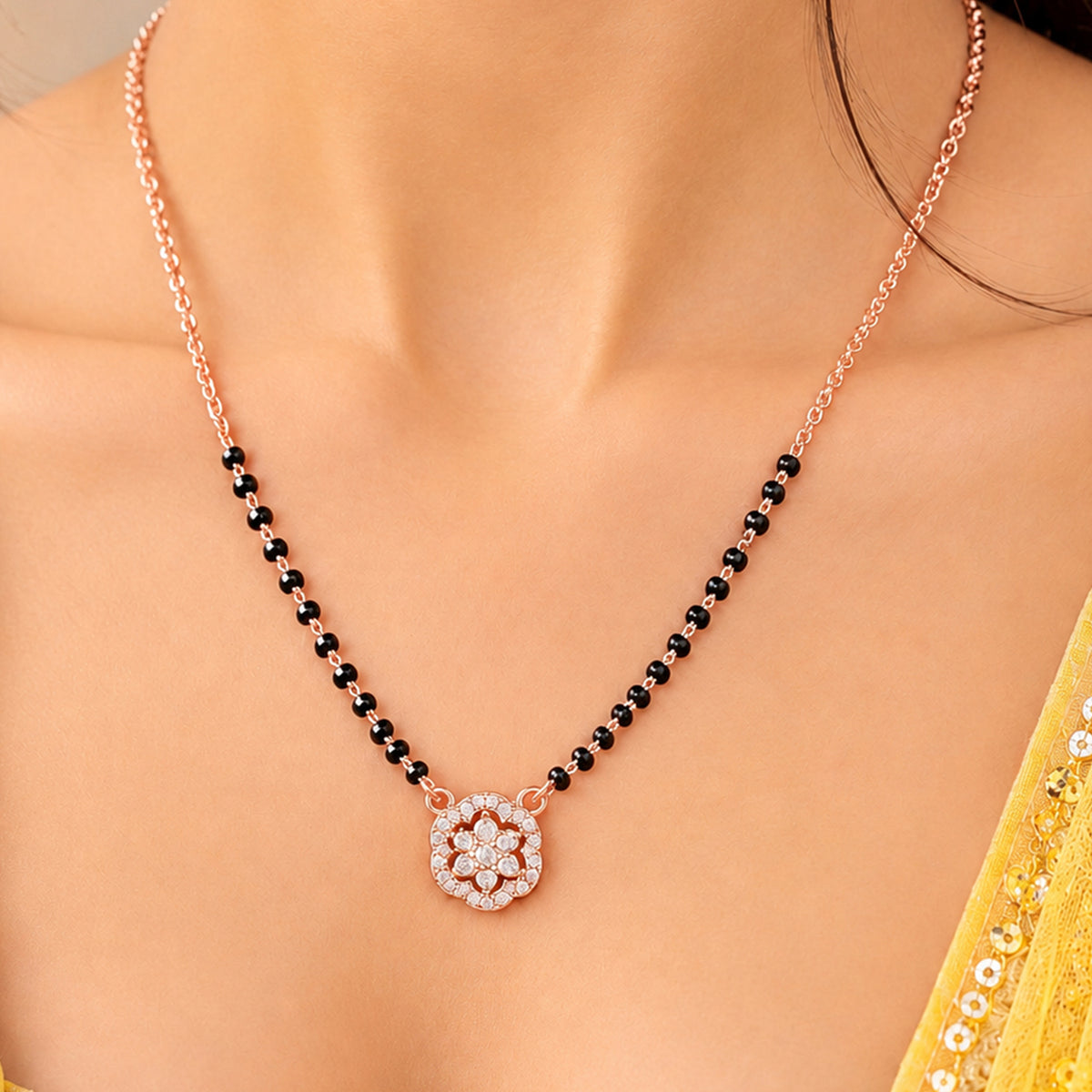 Artklim Elegant Rose Gold-Plated Floral Pendant Mangalsutra with Black Beads for Women