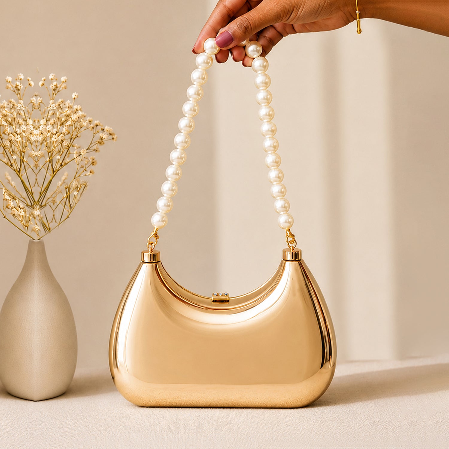 Artklim Gold Metallic Clutch Bag with Pearl Handle for Women