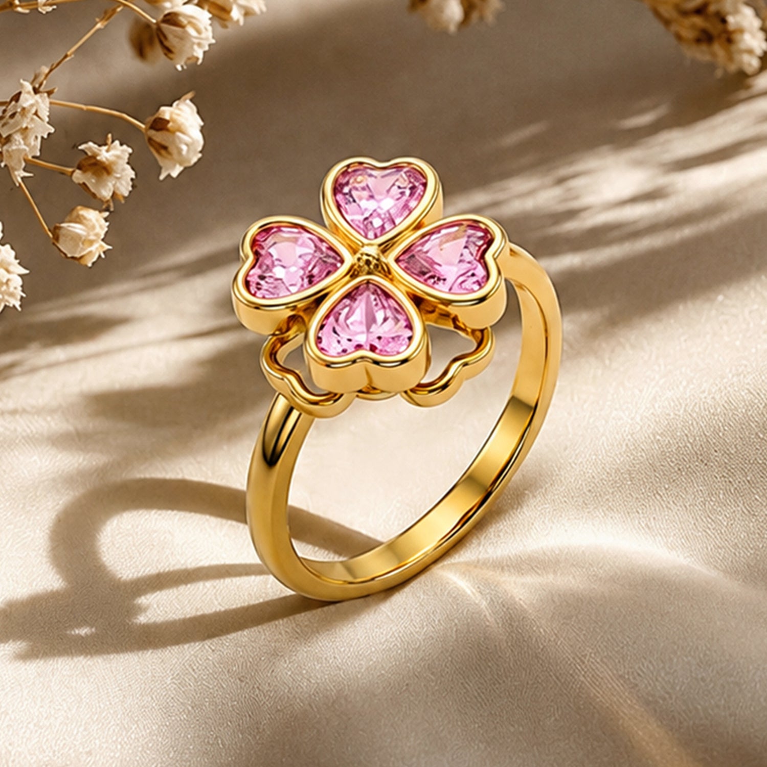 Artklim Gold Clover Revolving Flower Crystal Adjustable Anti-Tarnish Copper Ring