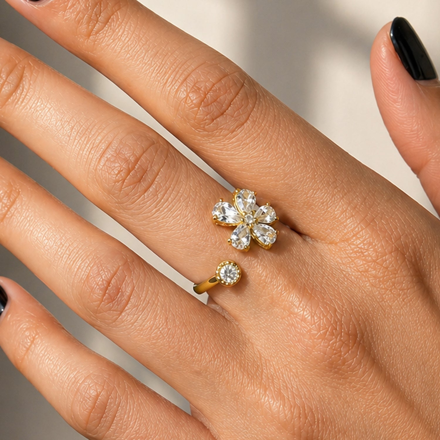 Artklim Gold-Plated Floral Adjustable Crystal Anti-Tarnish Ring