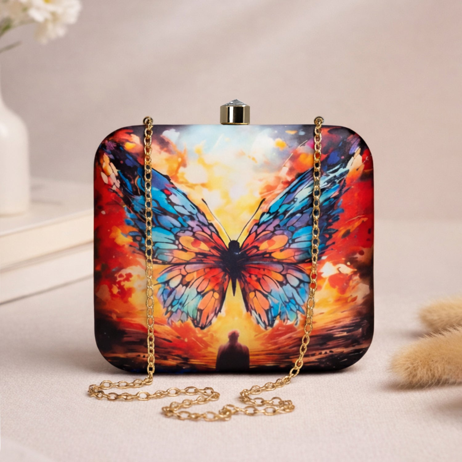 Multicoloured Butterfly Printed Clutch