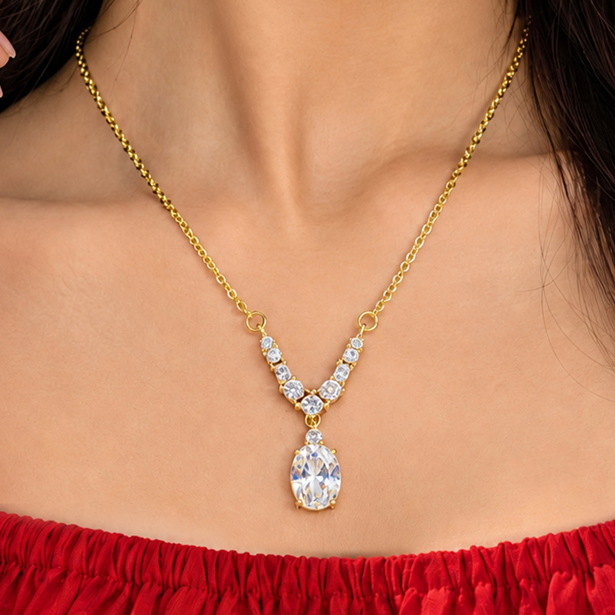 Artklim Luxe Oval Halo Crystal Gold-Tone Anti-Tarnish Pendant Necklace