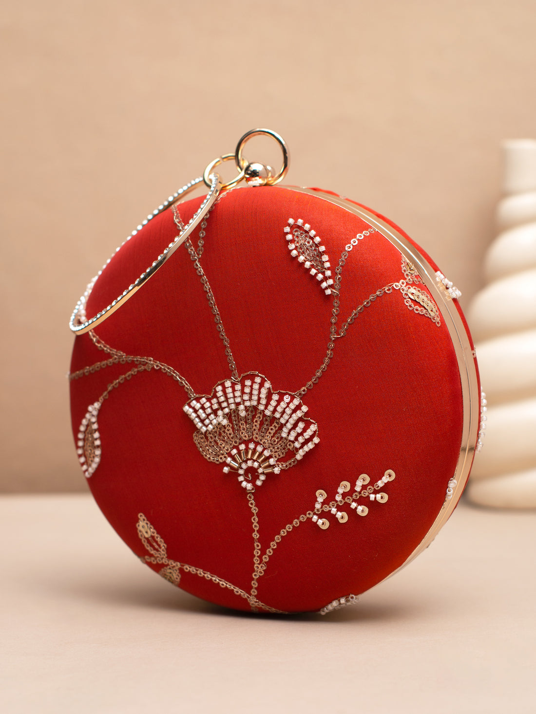 Artklim Round Scarlet Clutch with Golden Embroidery