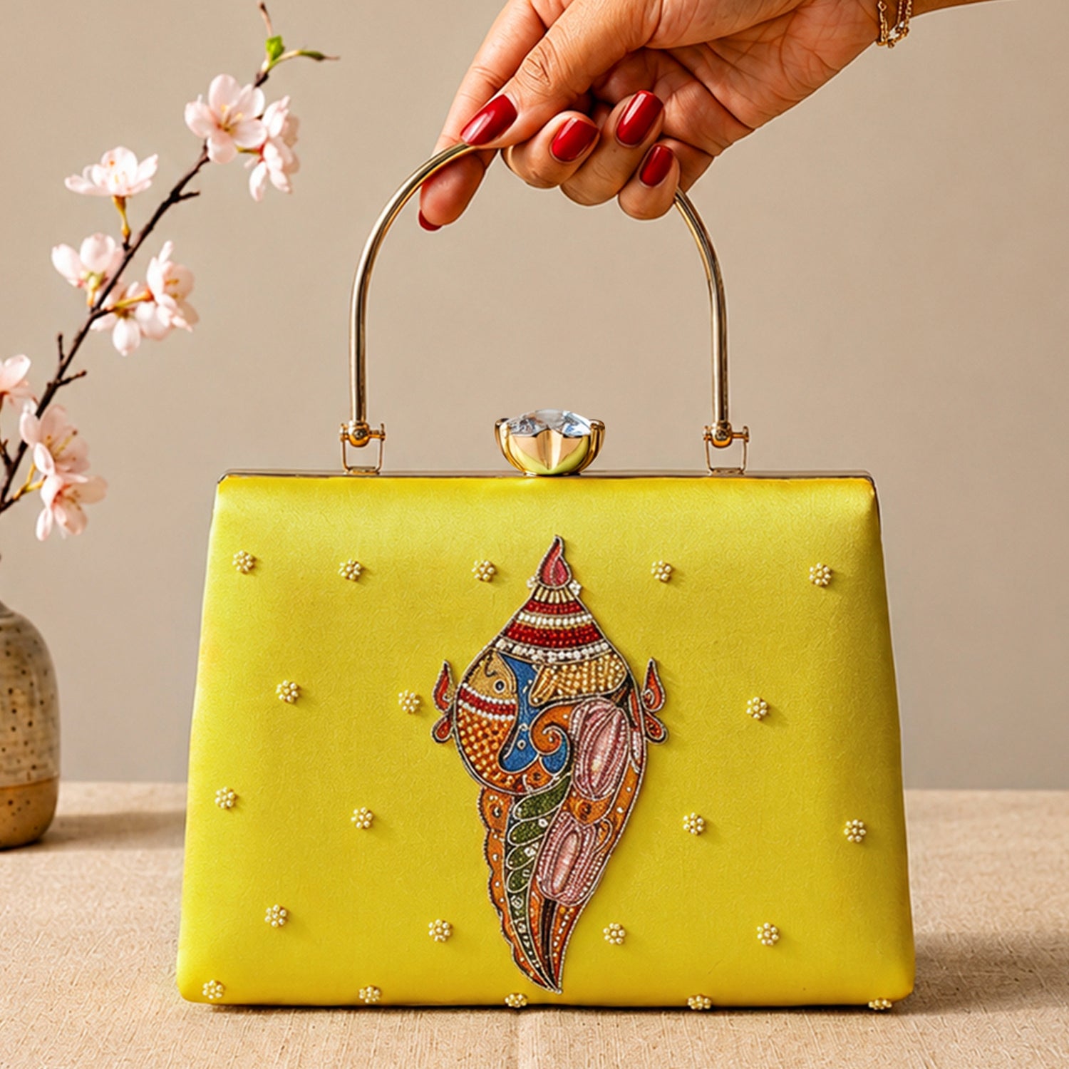 Artklim Printed Heritage Conch Shell Clutch with Hand Embroidery
