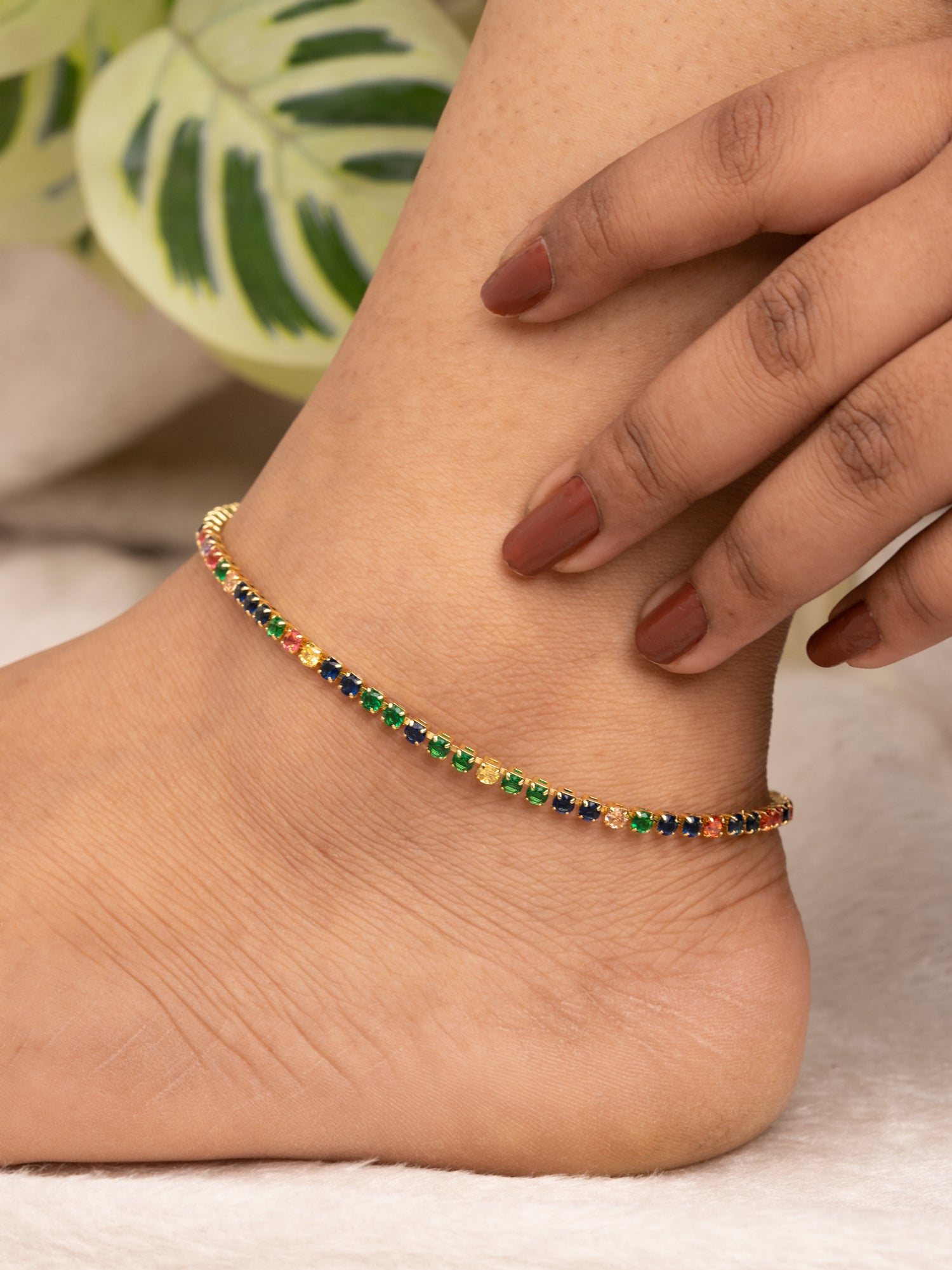 Artklim Gold Plated Dual Leaf Rainbow Anti Tarnish Anklet