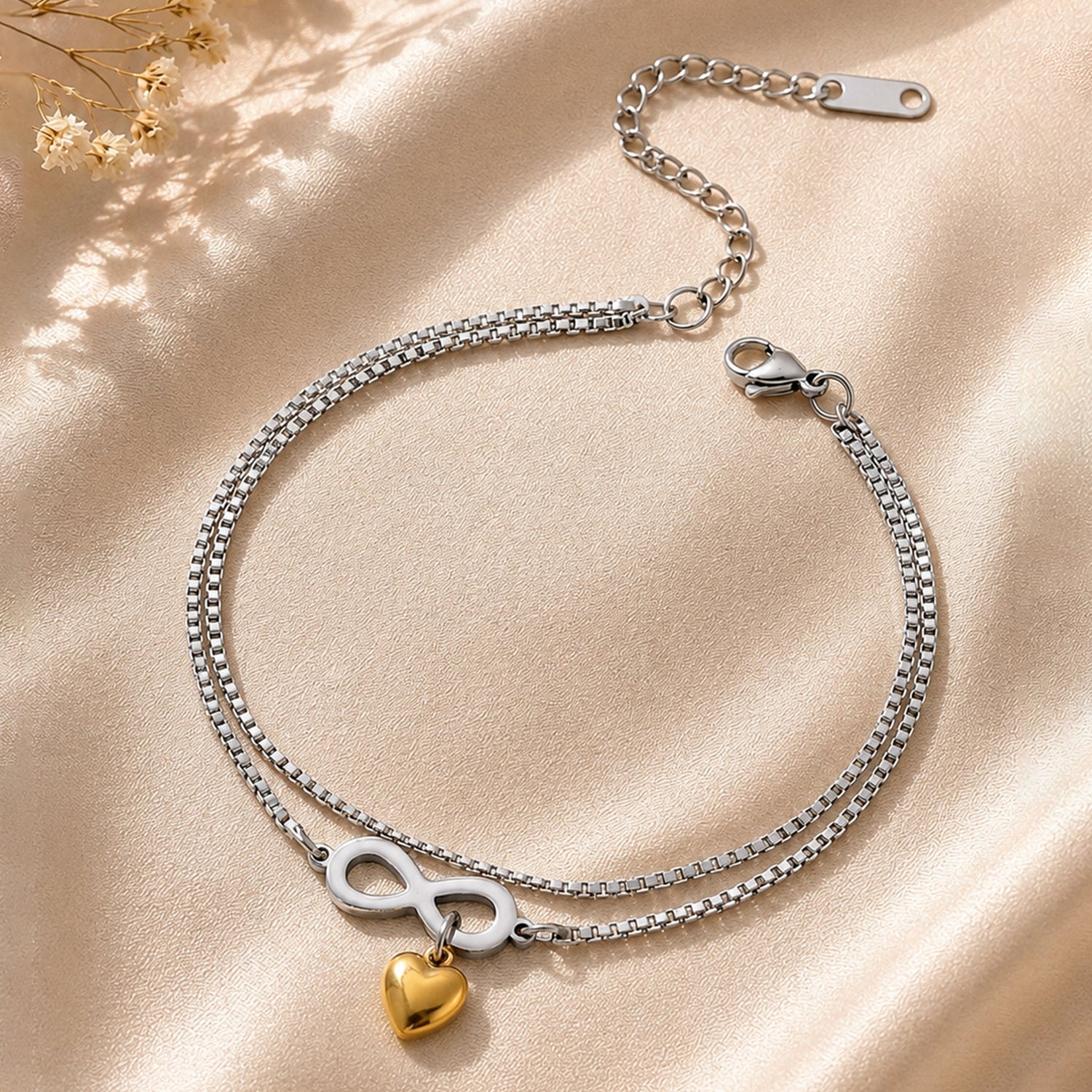 Artklim Infinity Heart Double Layer Silver Chain Anti-Tarnish Anklet