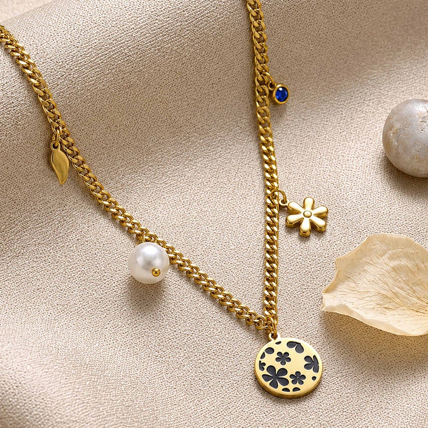 Artklim Floral Pearl Charm Gold Anti-Tarnish Pendant Necklace
