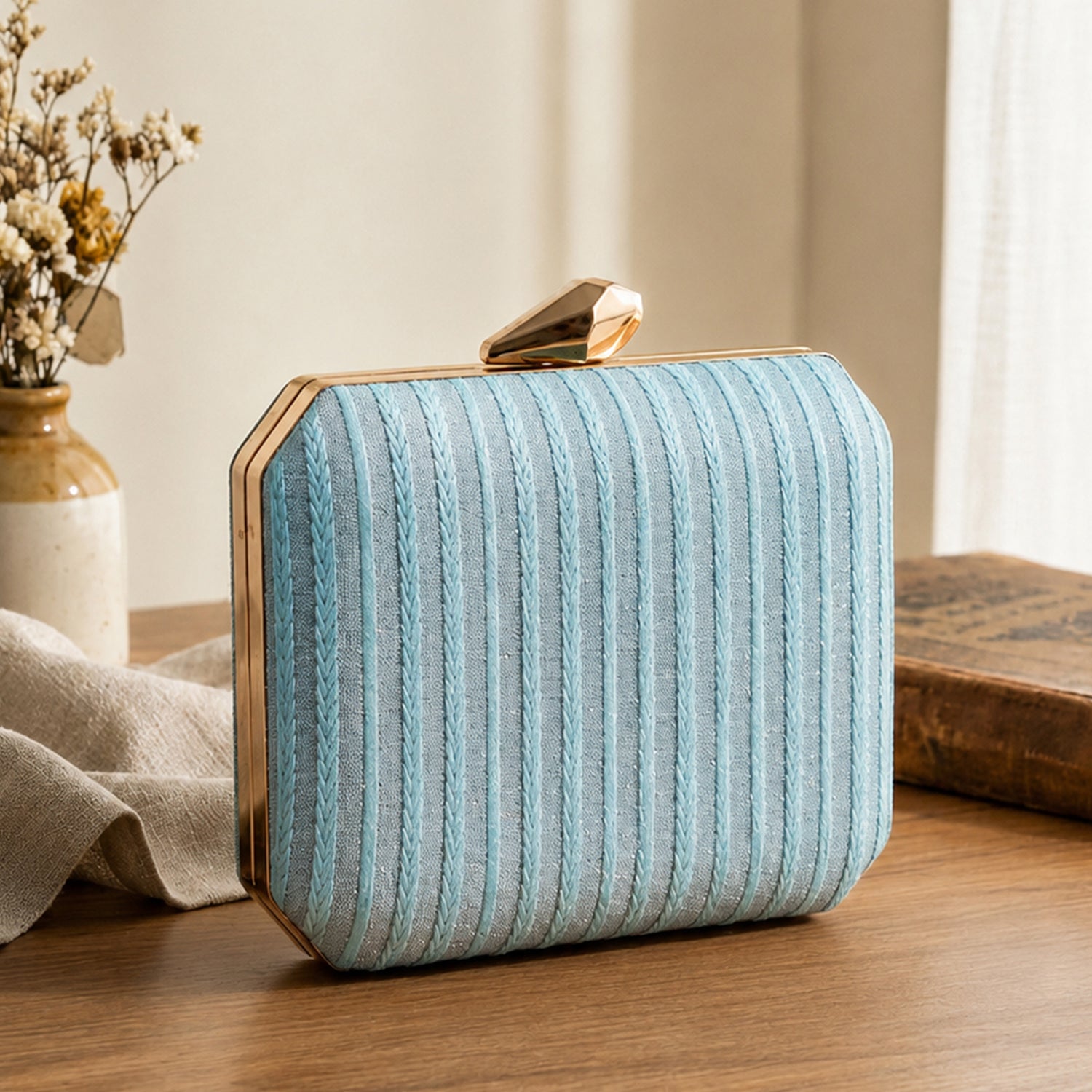 Artklim Blue Embroidered Striped Clutch
