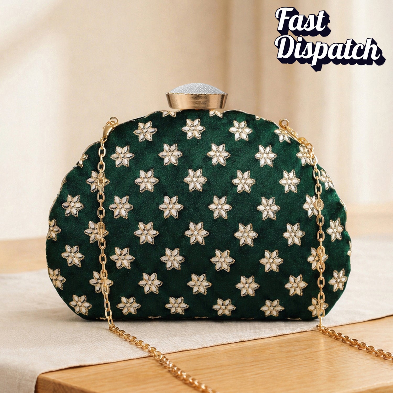 Artklim Green Based Golden Floral Embroidery Clutch