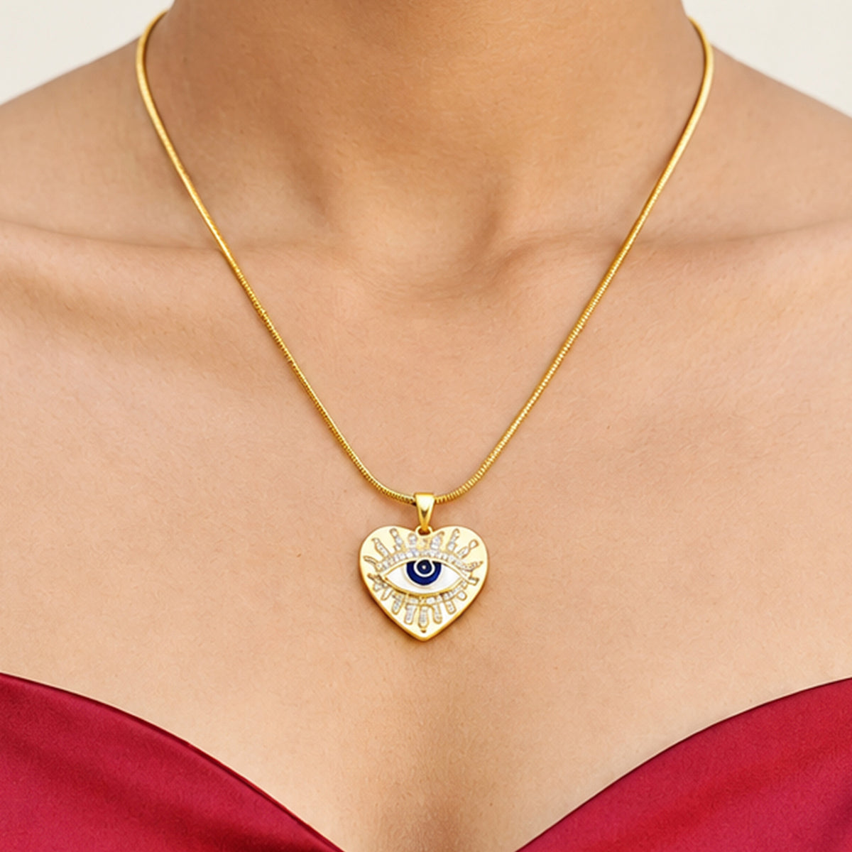 Artklim Elegant Evil Eye Heart Crystal Cut Anti-Tarnish Pendant Necklace