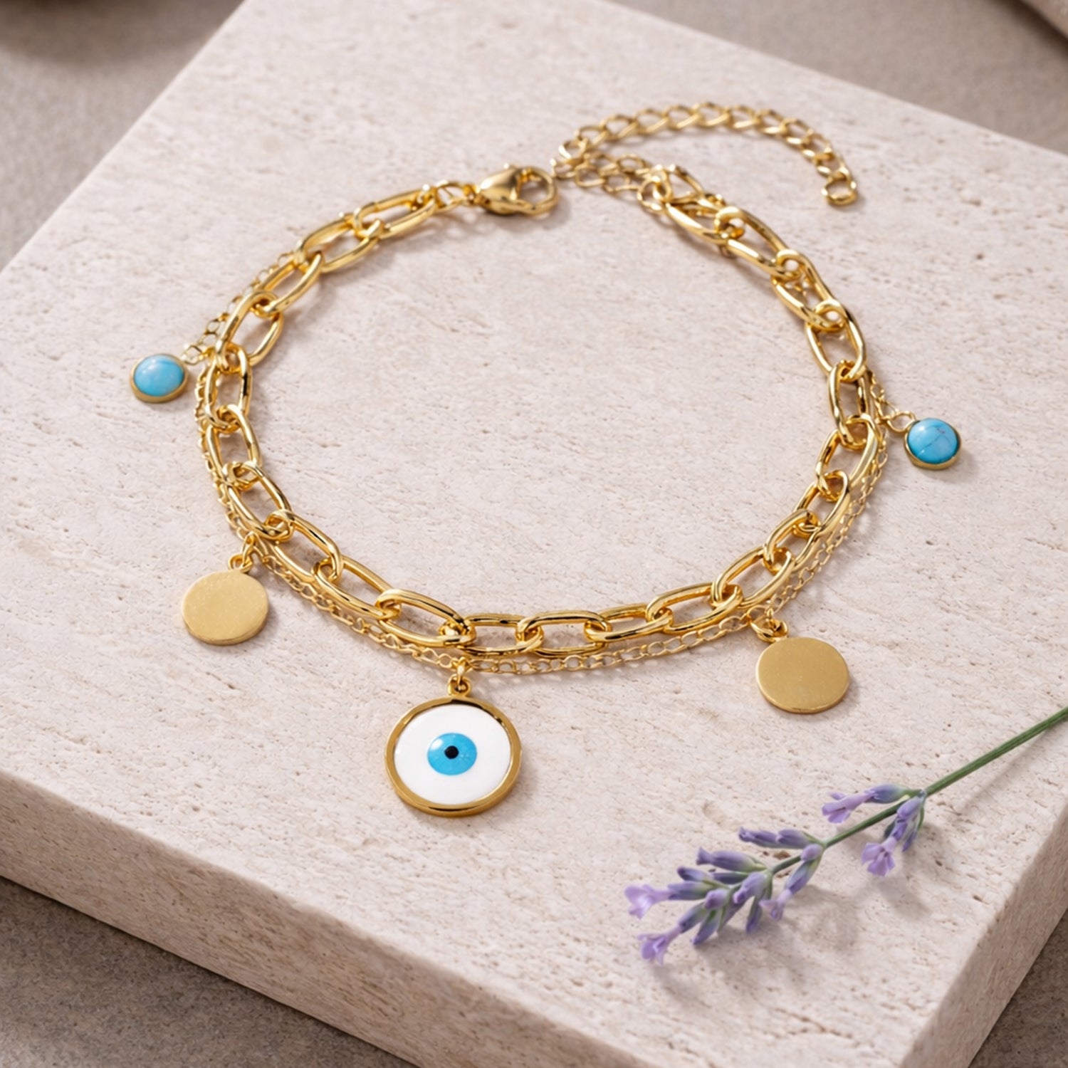 Artklim Gold Evil Eye Charm Anti-Tarnish Bracelet