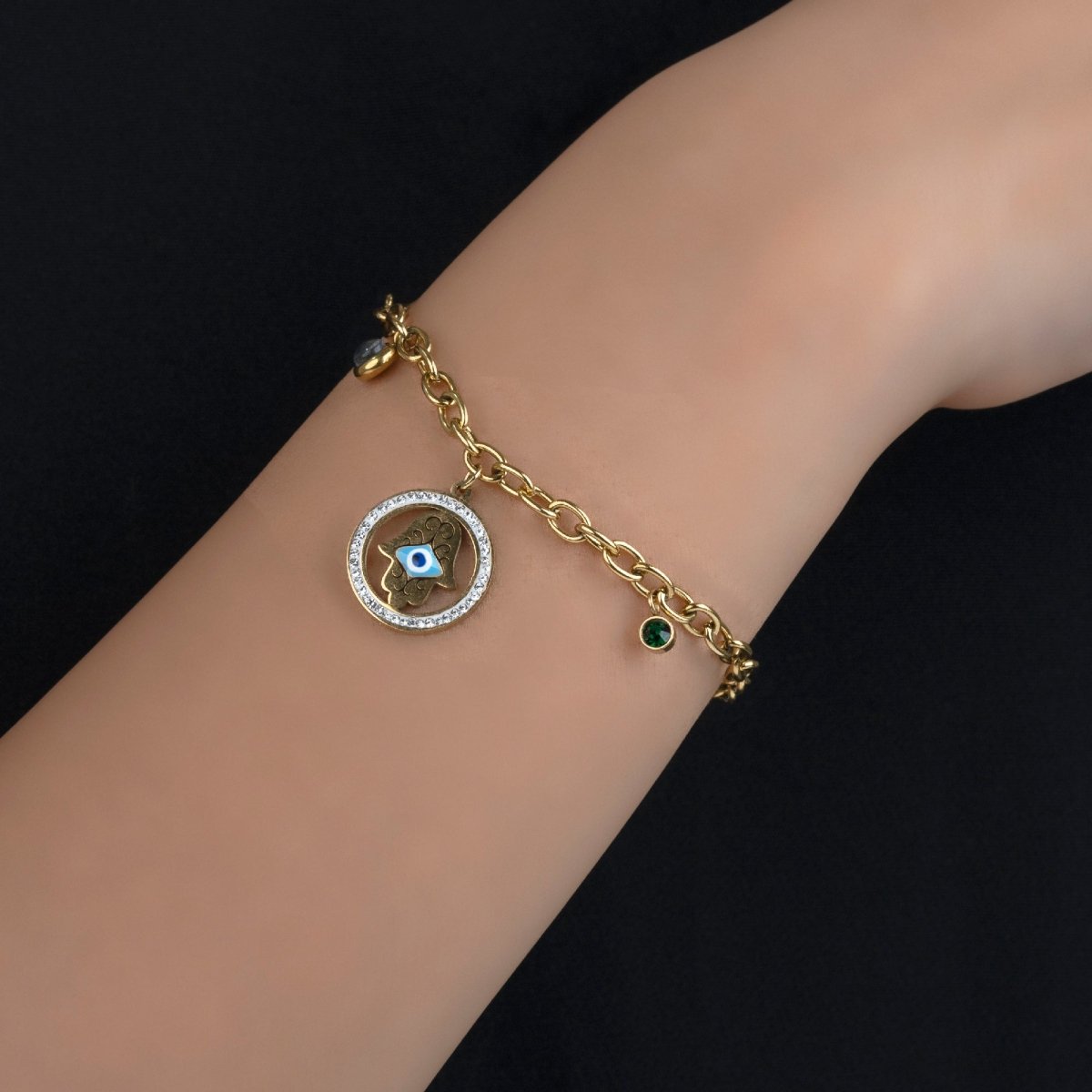 Artklim Gold Plated Round Hamsa Hand Evil Eye Charm Bracelet