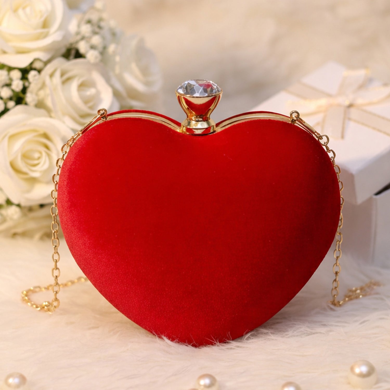 Red Velvet Fabric Heart Shape Clutch