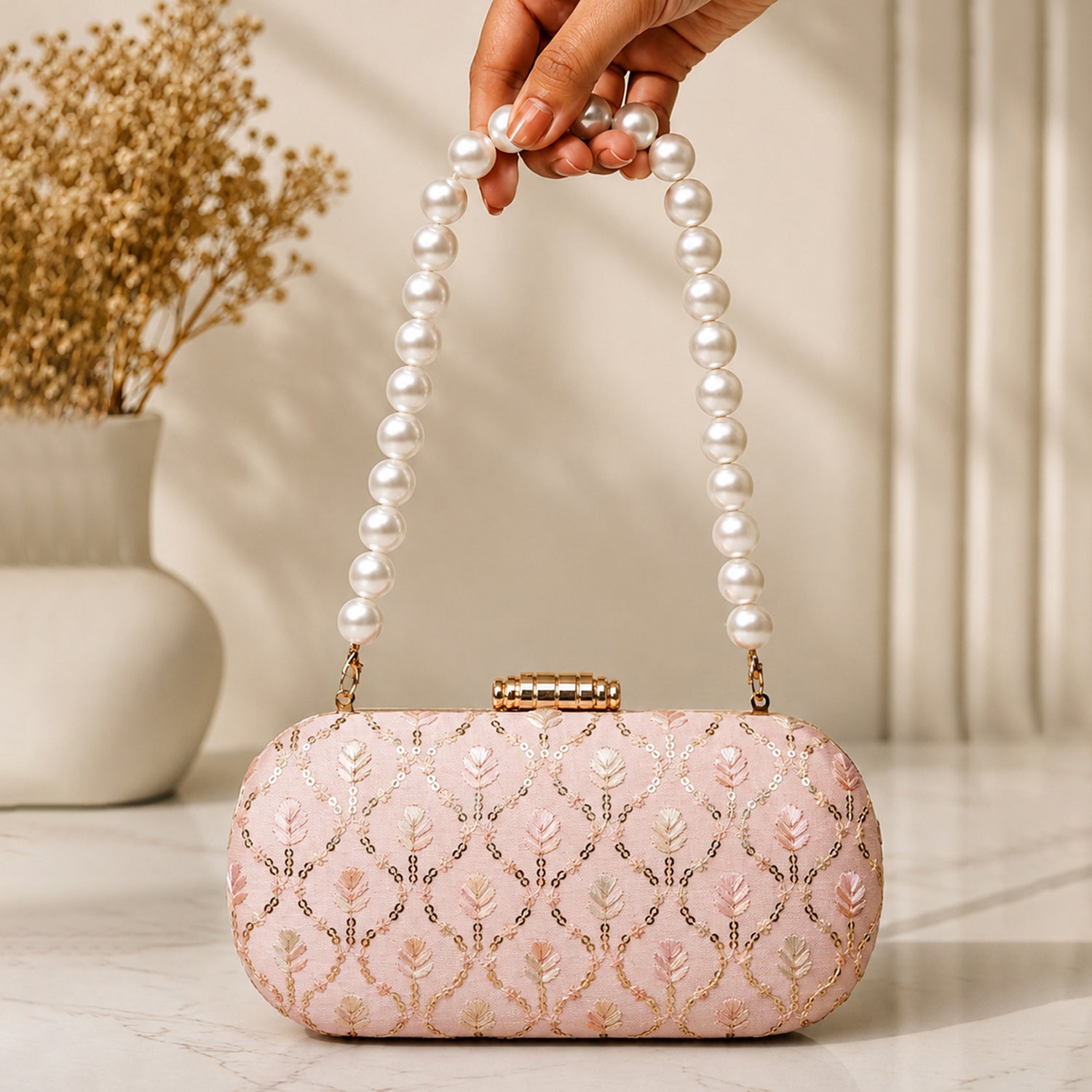 Artklim Pink Pearl Handle Floral Pattern Party Wear Embroidery Clutch
