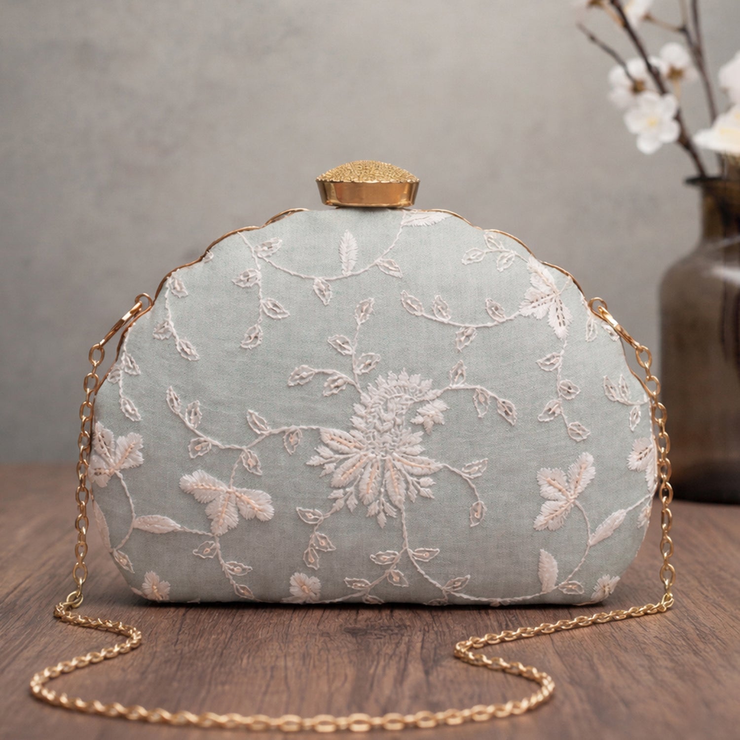 Artklim Light Mint Based White Thread Embroidery Clutch