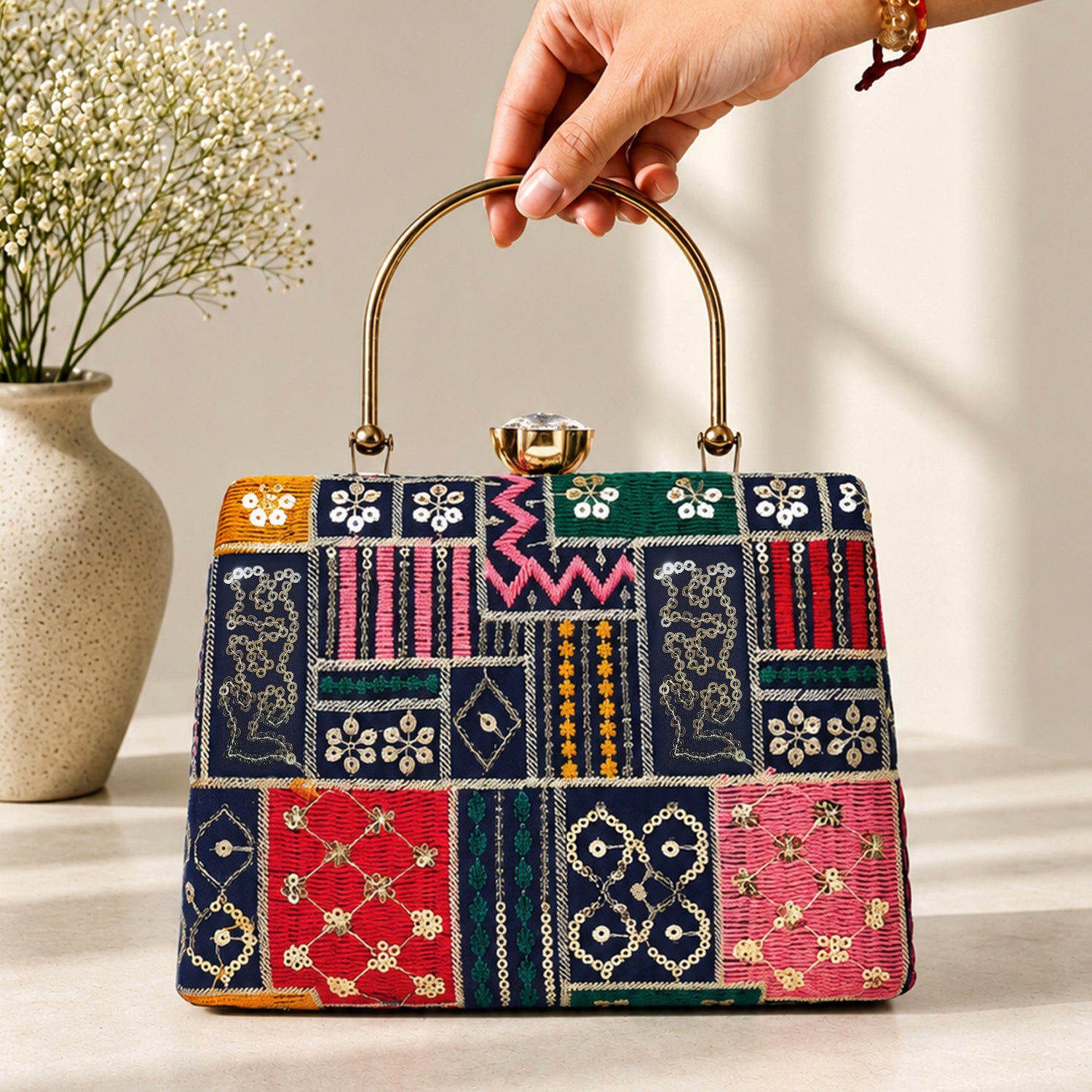 Artklim Multicolor Tribal Patchwork Ethnic Embroidery Clutch