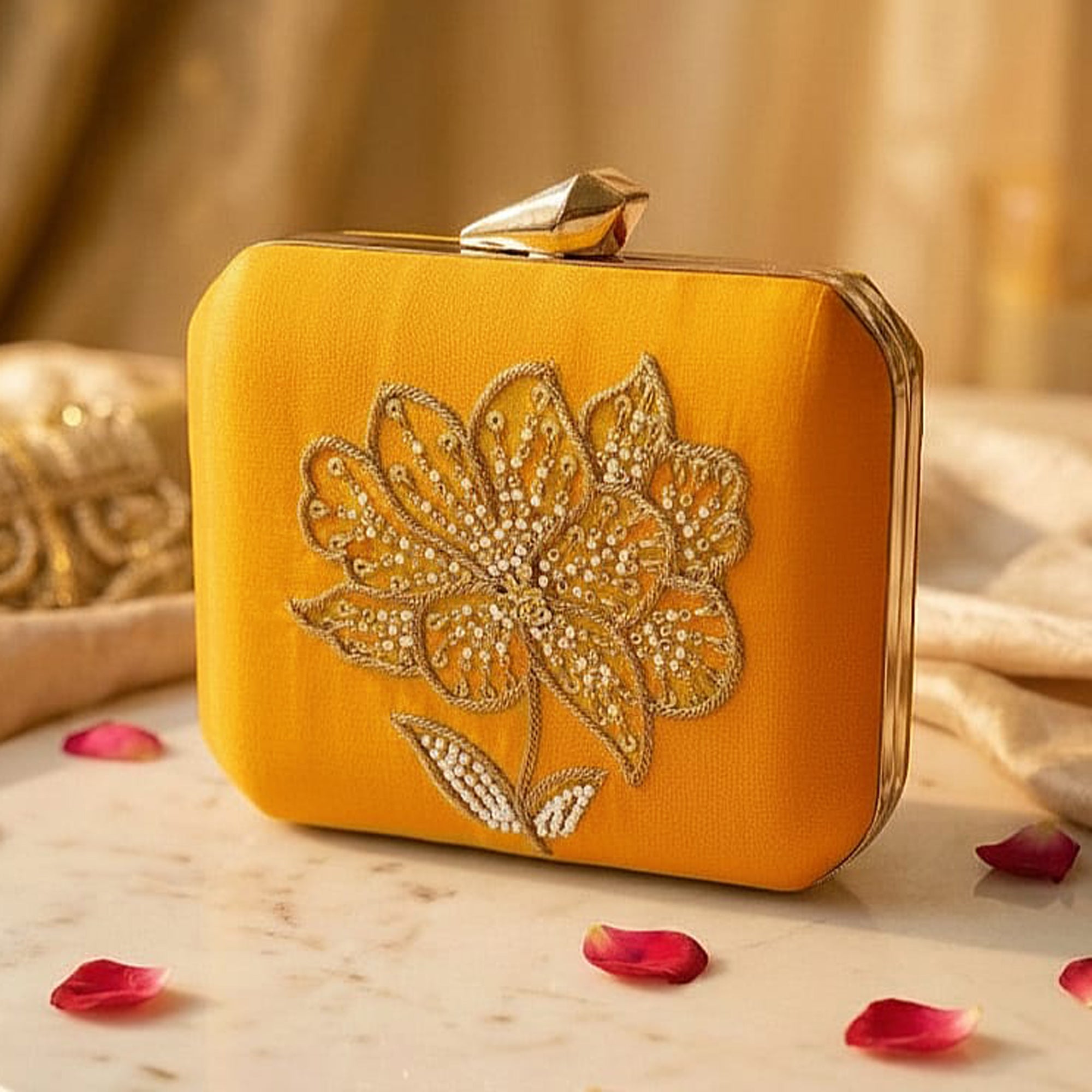 Artklim Classic Yellow Floral Embroidered Clutch